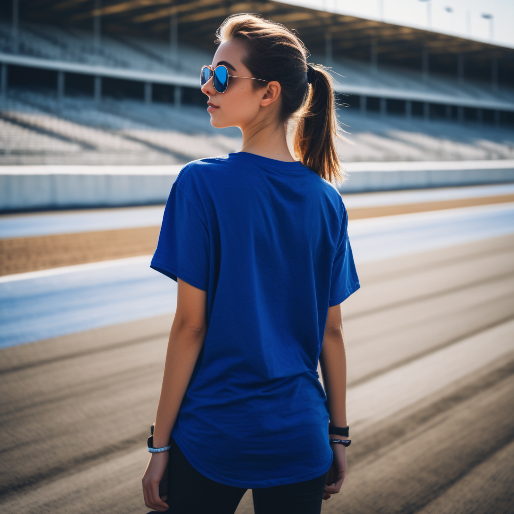 girl with sunglasses on and an oversized royal blue PLAIN t-shirt facing away on a race track and shes standing 5 feet away