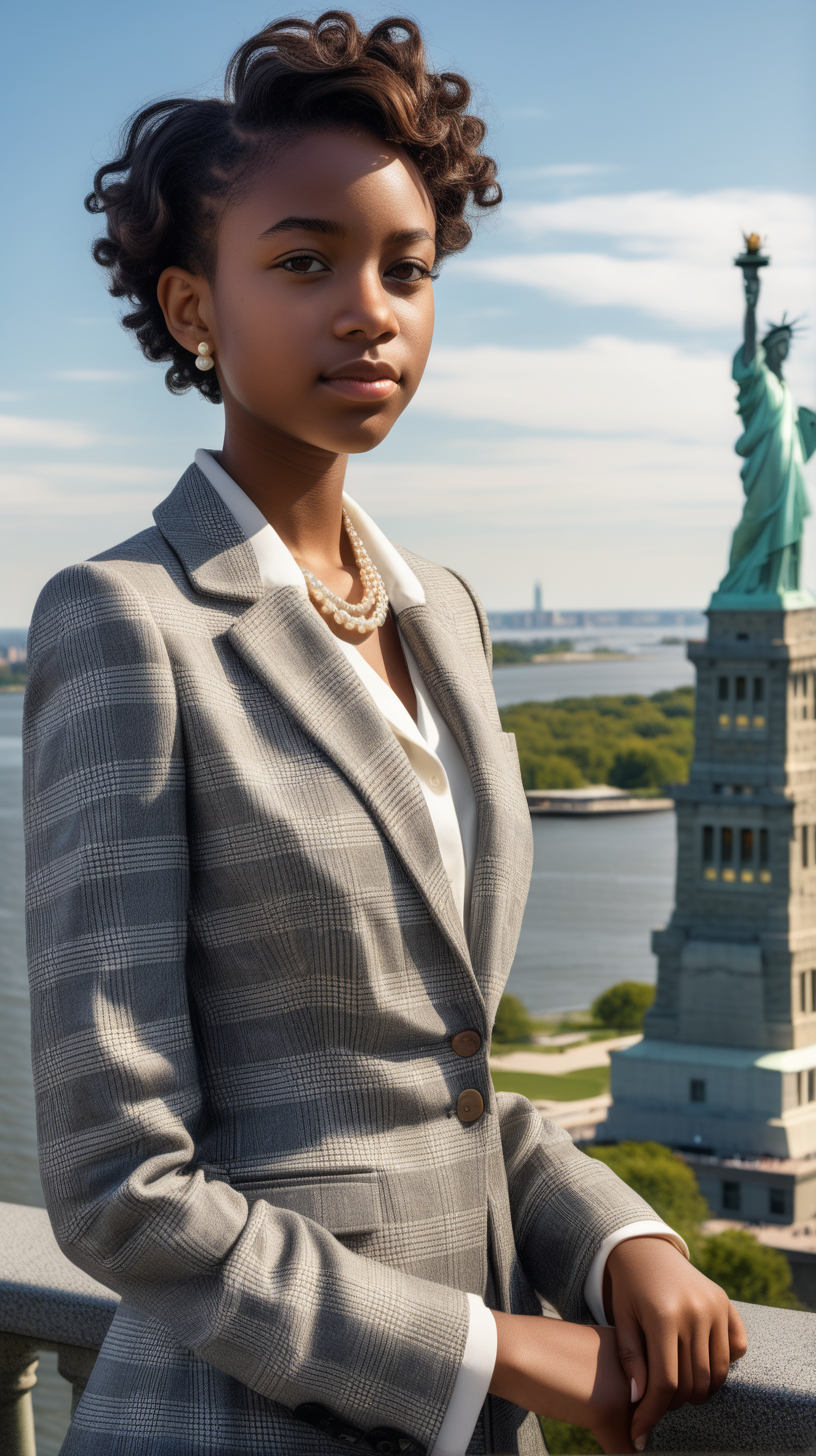 A handsome, intelligent black, female, teenager, with short hair, wearing a cream, blouse, wearing an elegant, string of pearls, Wearing a  grey and cream glen plaid pattern, two piece, women's wool suit, standing on the overlook deck, at the top of the statue of liberty, building, in a luxury, brightly lit, modern day, sunny, in Ultra 4K, High Definition, full resolution, hyper realism