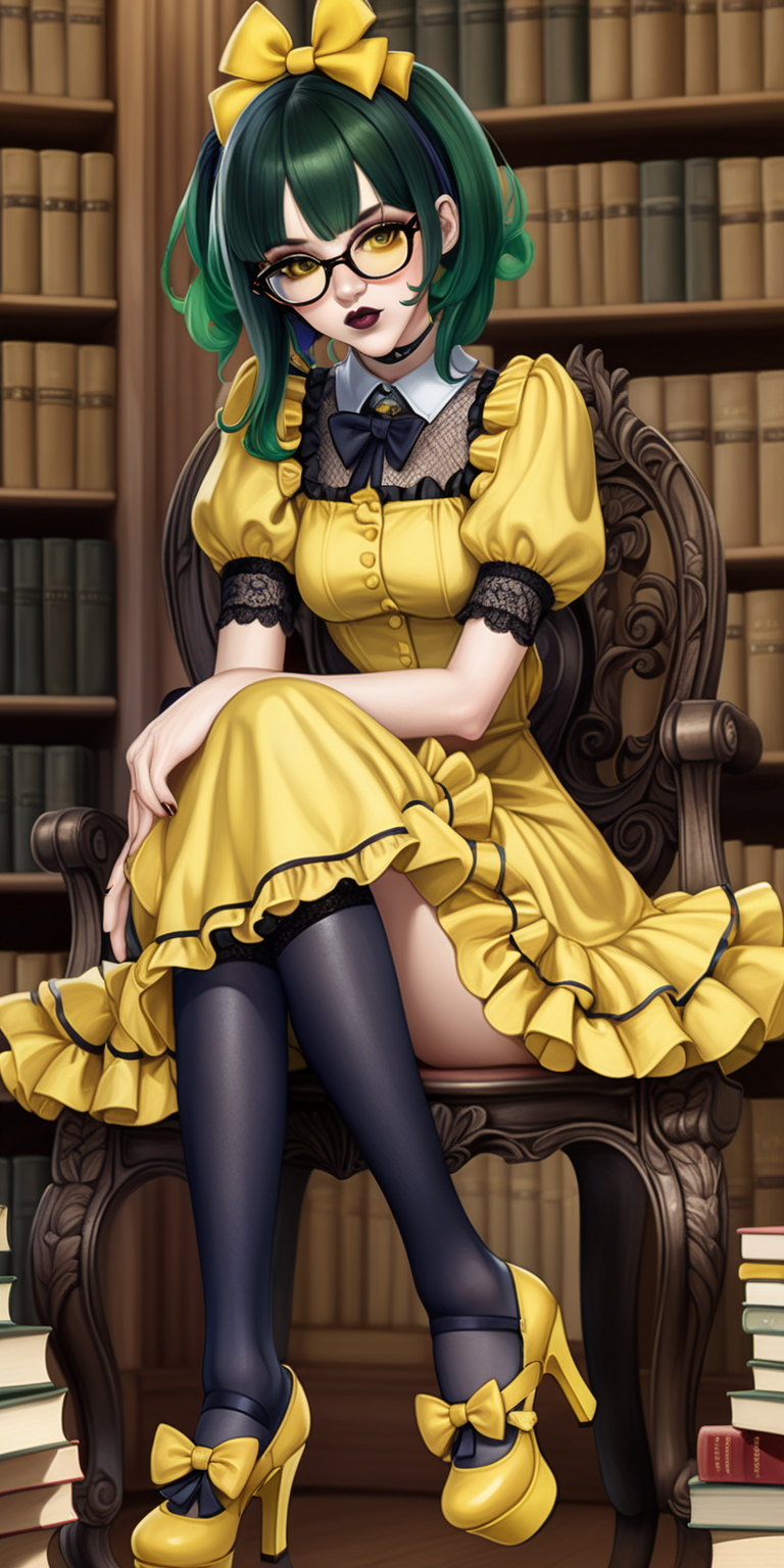 Anime woman with dark green hair and large lips with dark lipstick and heavy makeup wearing a frilly yellow dress, stockings, yellow heeled mary jane shoes, lots of bows and lace, wearing glasses.  sitting in a library. Vacant expression. 