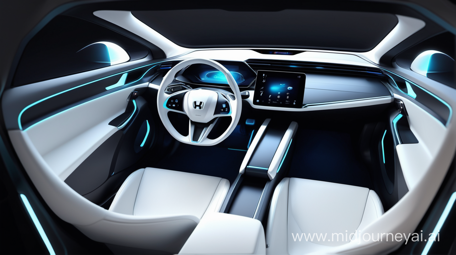 Realistic EV car, ambient light, Interior design, top view , front and rear seat, elegant Avantgarde 2030, nearly ,interior concept, Futuristic Honda car, White steering wheel, Big space,Ambient light, connected trim line.