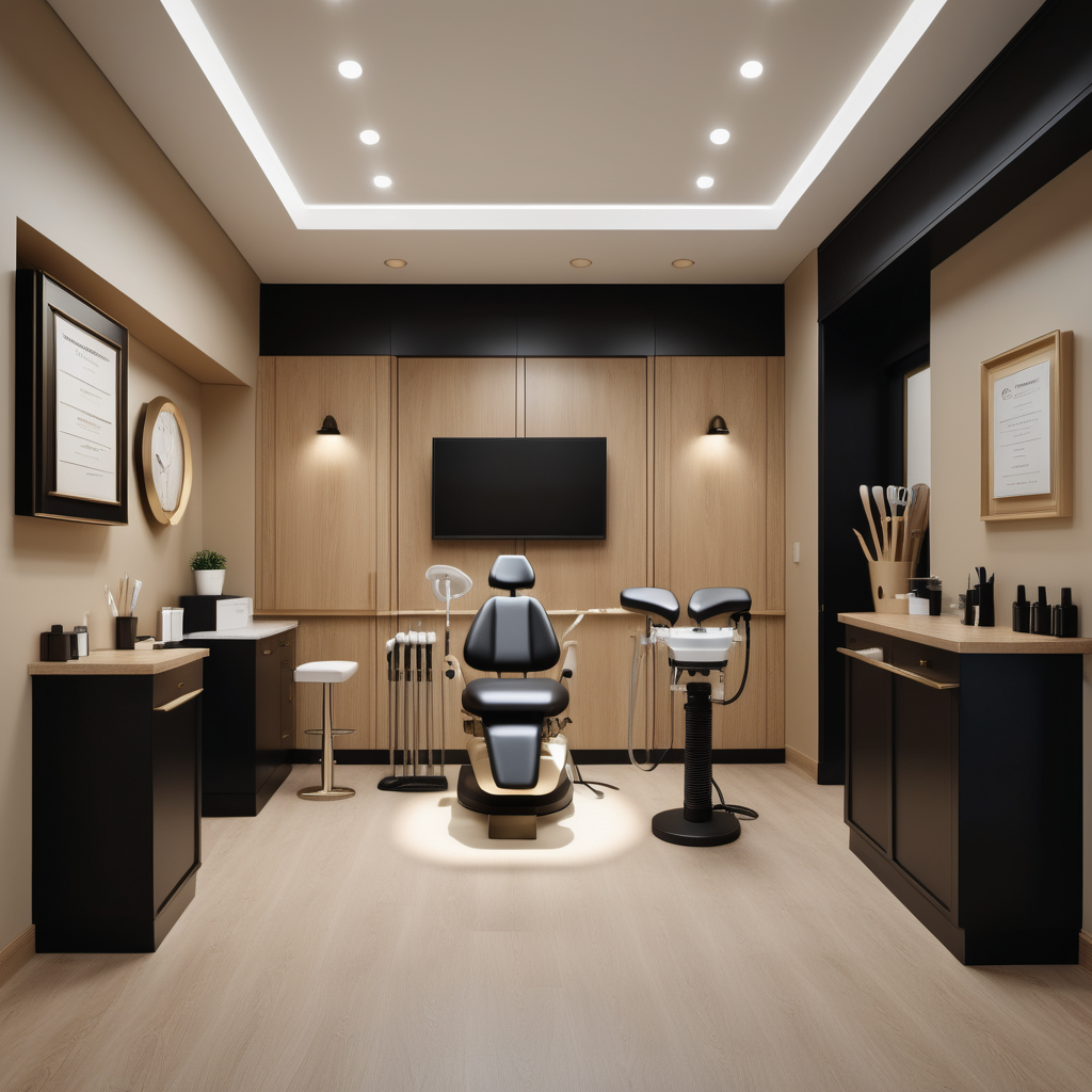 hyperrealistic image of an elegant dentist centre interior in a beige, oak, brass and black colour palette