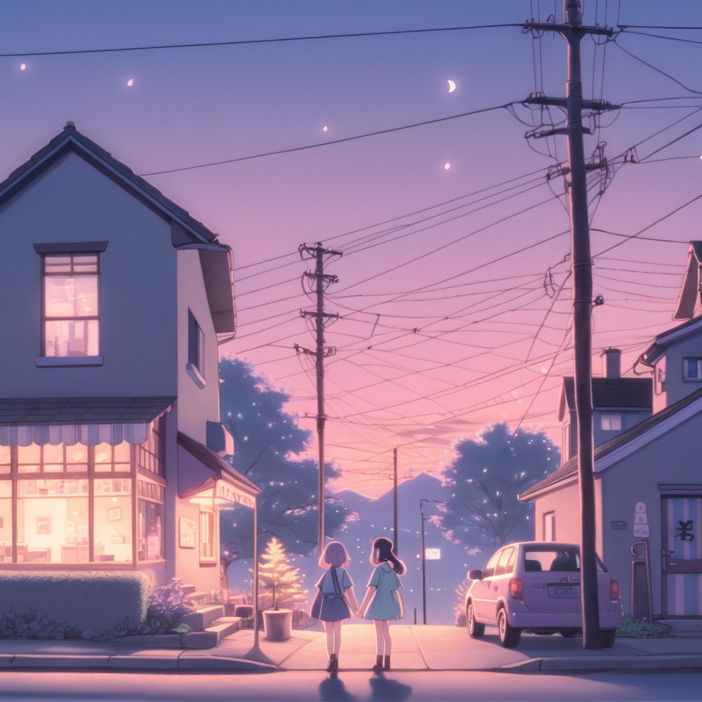 cute scene at dusk, hand drawn, anime, lofi, pastel, cinematic, nostalgic