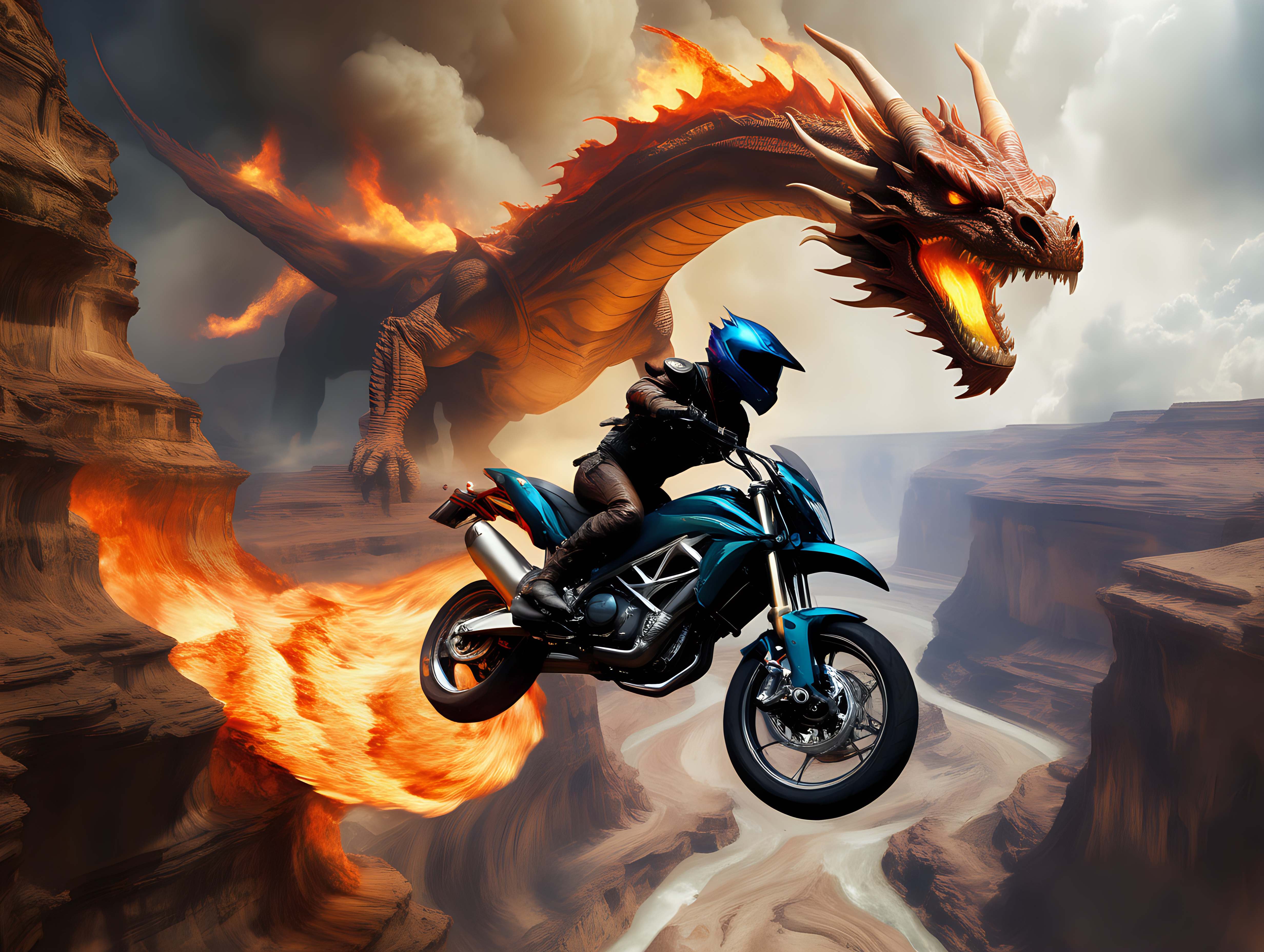 Motorcycle  jumping a canyon on Jupiter chased by a fire breathing dragon