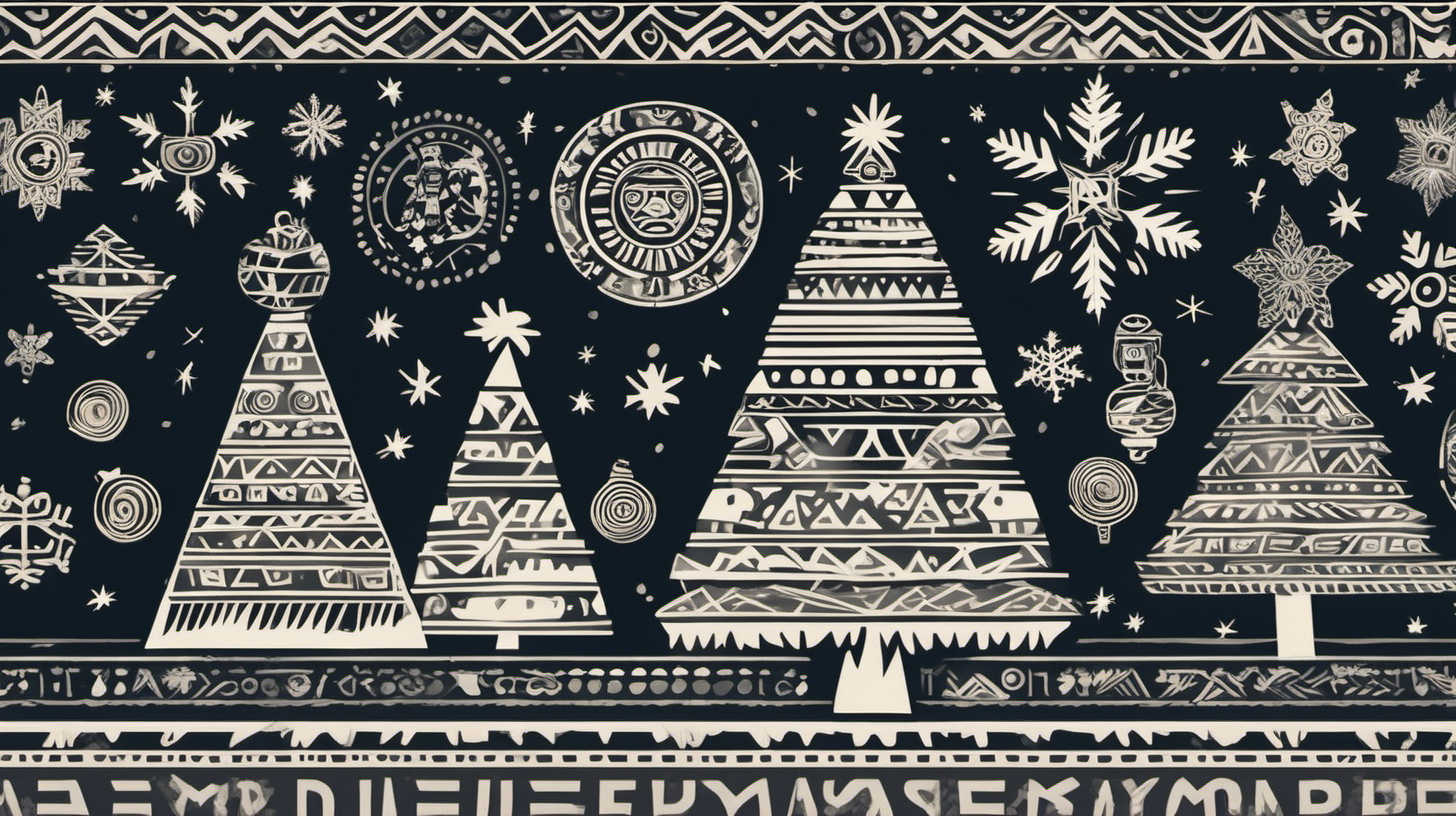 Background:

Begin with a widescreen canvas featuring a night sky filled with stars, reminiscent of the celestial significance in Mayan and Aztec cultures.
Christmas Tree:

Place a Christmas tree in the center of the scene, adorned with ornaments that incorporate Mayan and Aztec geometric patterns. The tree could have a radiant glow, symbolizing celestial connections.
Snowflakes:

Integrate snowflakes falling from the sky, each uniquely designed with Aztec or Mayan patterns. These snowflakes should be stylized and add a cultural touch to the wintry scene.
Coffee Cup:

Position a coffee cup on a table beside the Christmas tree. The cup itself could feature intricate Mayan or Aztec designs, and steam rising from the cup can take the form of symbols like stylized figures or calendar icons.
Coffee Beans:

Scatter coffee beans around the scene, forming patterns and designs on the ground. Some beans could be arranged in the shape of traditional Mayan or Aztec symbols.
Color Palette:

Use warm and rich colors like red, gold, blue, and green to capture the vibrancy of Mayan and Aztec art. The Christmas tree lights could emit a golden glow, and the snowflakes might have hues that complement the overall palette.
Geometric Figures:

Integrate stylized figures in the background, representing Mayan or Aztec deities or mythological characters. These figures should seamlessly blend with the overall Christmas theme.
Calendar Symbols:

Incorporate symbols from the Mayan or Aztec calendar as subtle decorations on the Christmas tree or as part of the coffee cup design. This adds an extra layer of cultural significance.