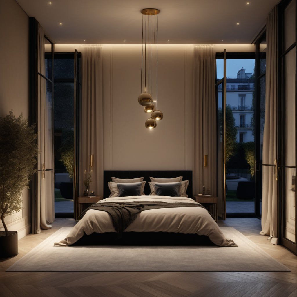 a hyperrealistic image of a palitial modern Parisian  bedroom at night with mood lighting, floor to ceiling window and doors opening to the private courtyard garden in beige, oak, black and brass with modern brass pendant lights 

