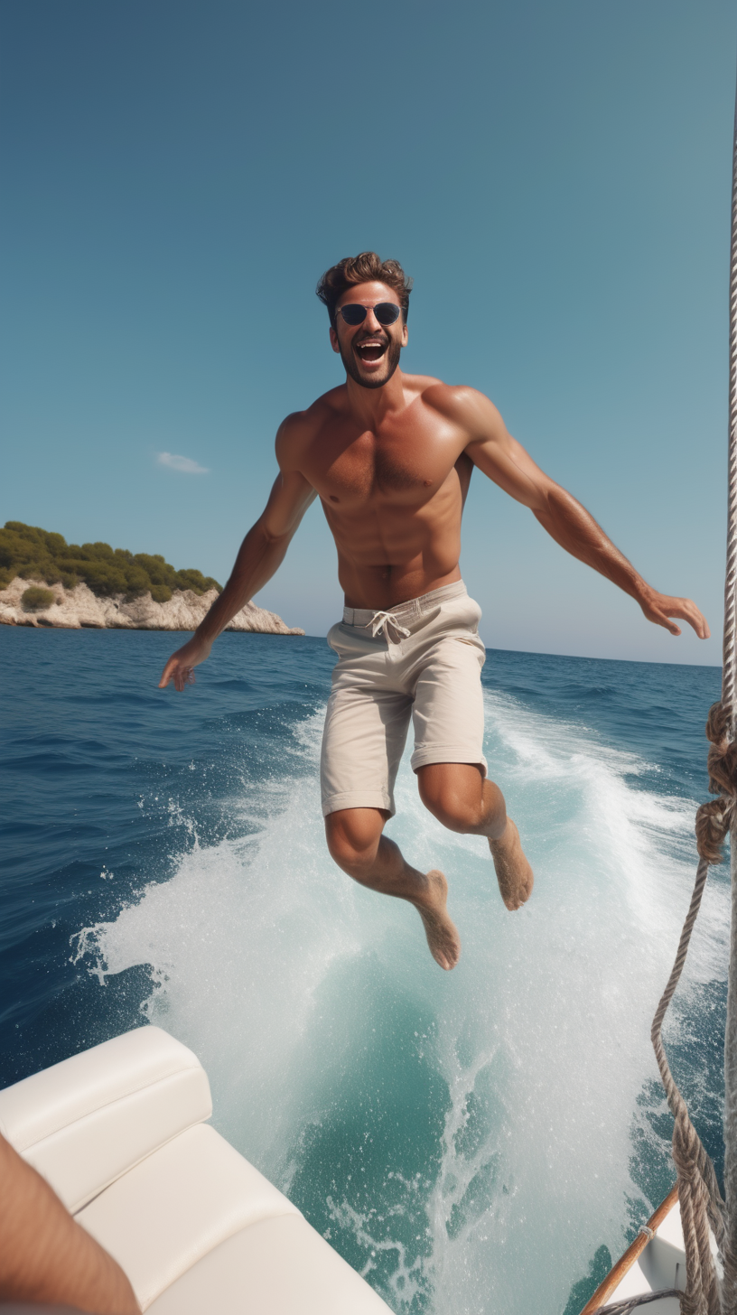handsome man jumping into a beautiful sea from a boat on holiday 4k