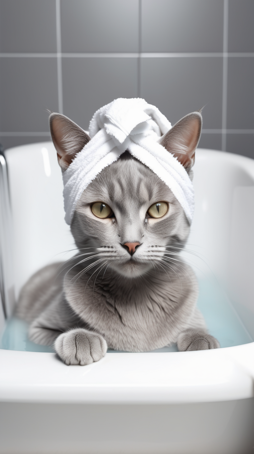 süße graue katze, liegt streckend in der badewanne sodass ihre füße aus der badewanne erkennbar sind, mit ((weißer)) Schönheitsmaske gesichtsmaske auf gesicht, mit badetuch auf dem kopf, photo-realistisch, hyper-realistisch