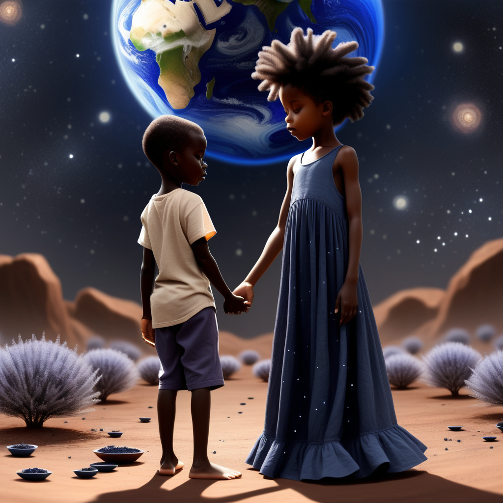 prompt: a black female indigo child with a dress on helping the world with a black boy
 star seed child standing by his side helping 