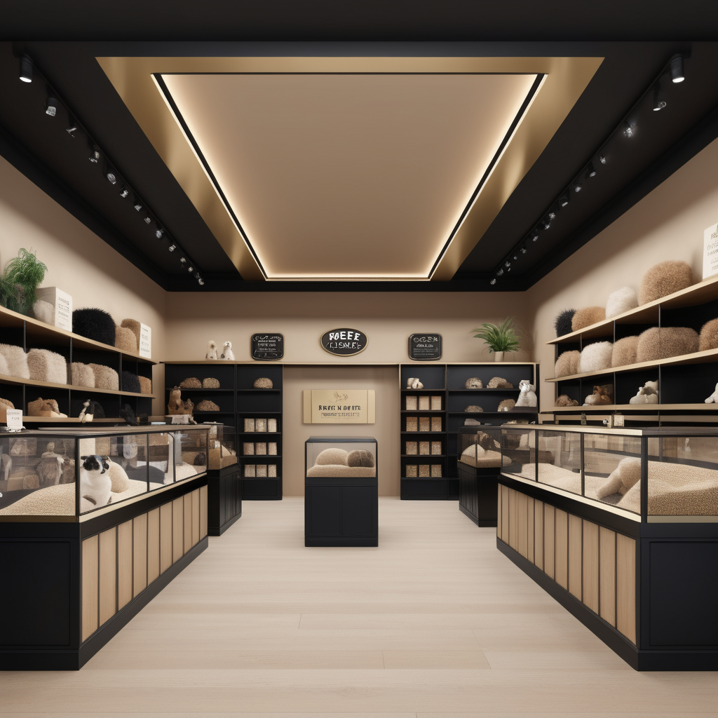 hyperrealistic image of an elegant pet store interior in a beige, oak, brass and black colour palette