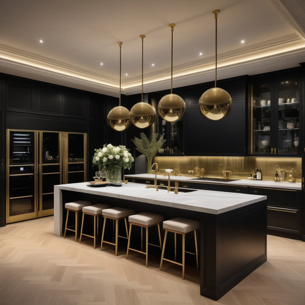 hyperrealistic of an elegant, paltial modern Parisian kitchen with large double island at night; oak flooring; floor to ceiling windows with a view of the sprawling lush gardens; curtains; mood lighting; beige, oak, brass and black colour palette; modern brass pendant light; rug; 
