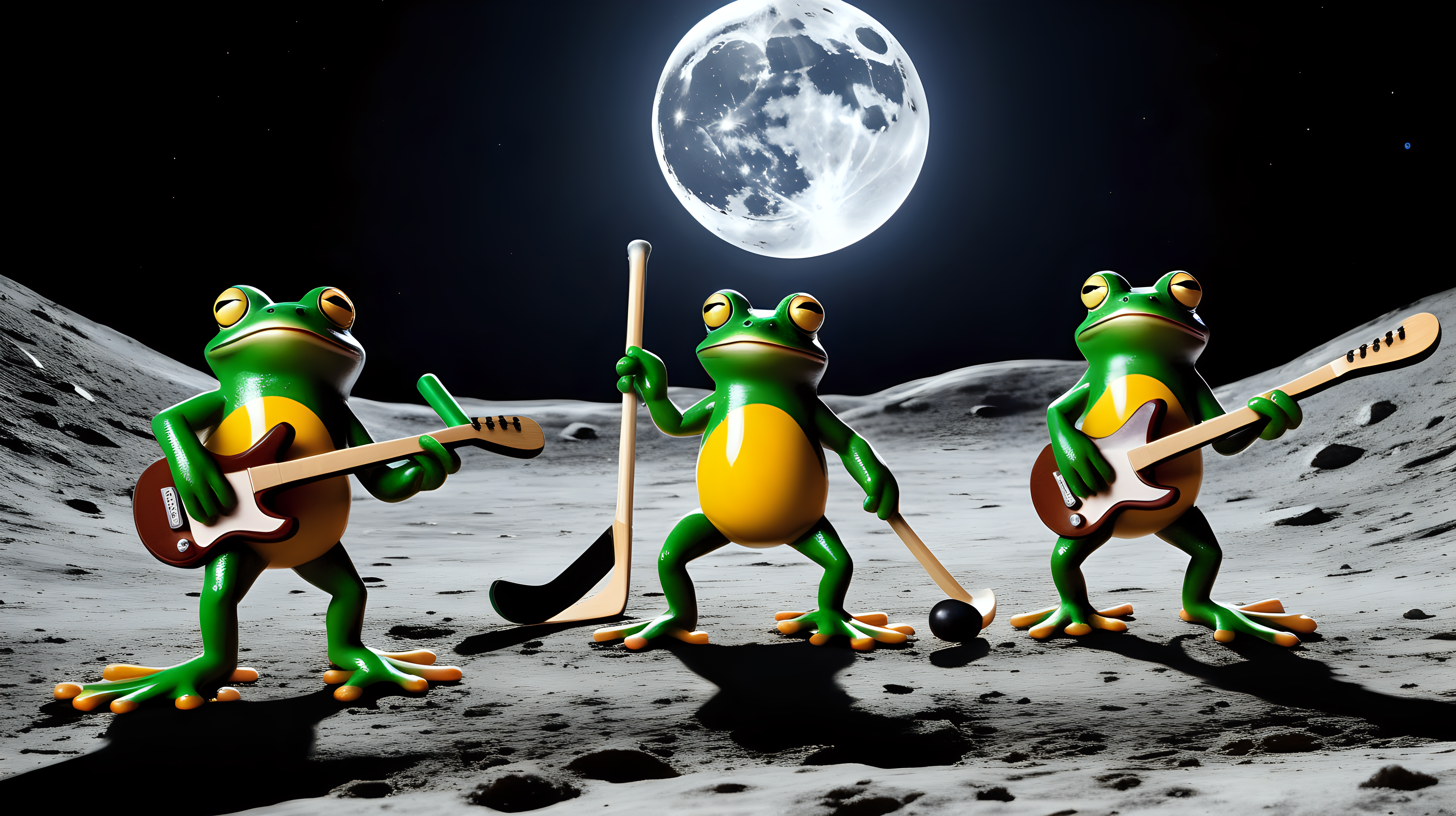 frogs playing hockey on the moon