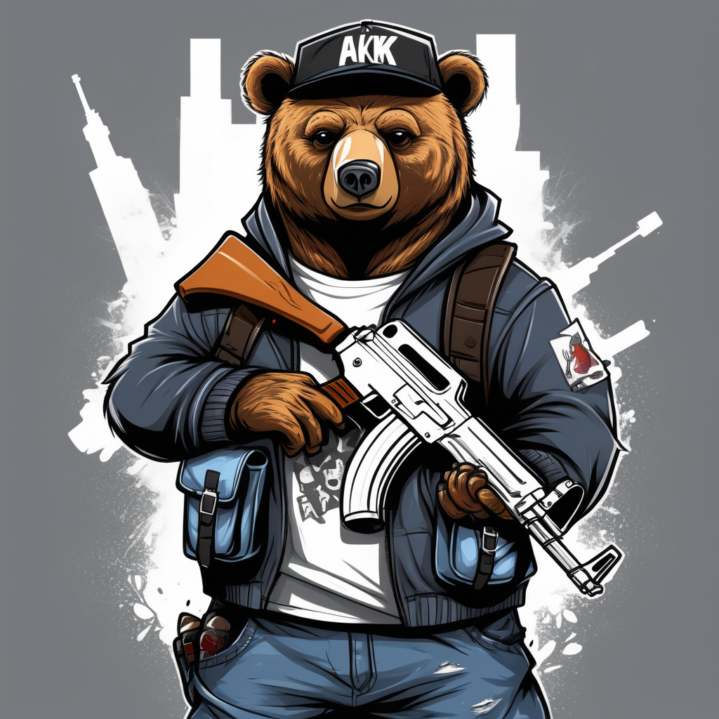 draw a street gangster bear wearing a backpack while holding an ak 47