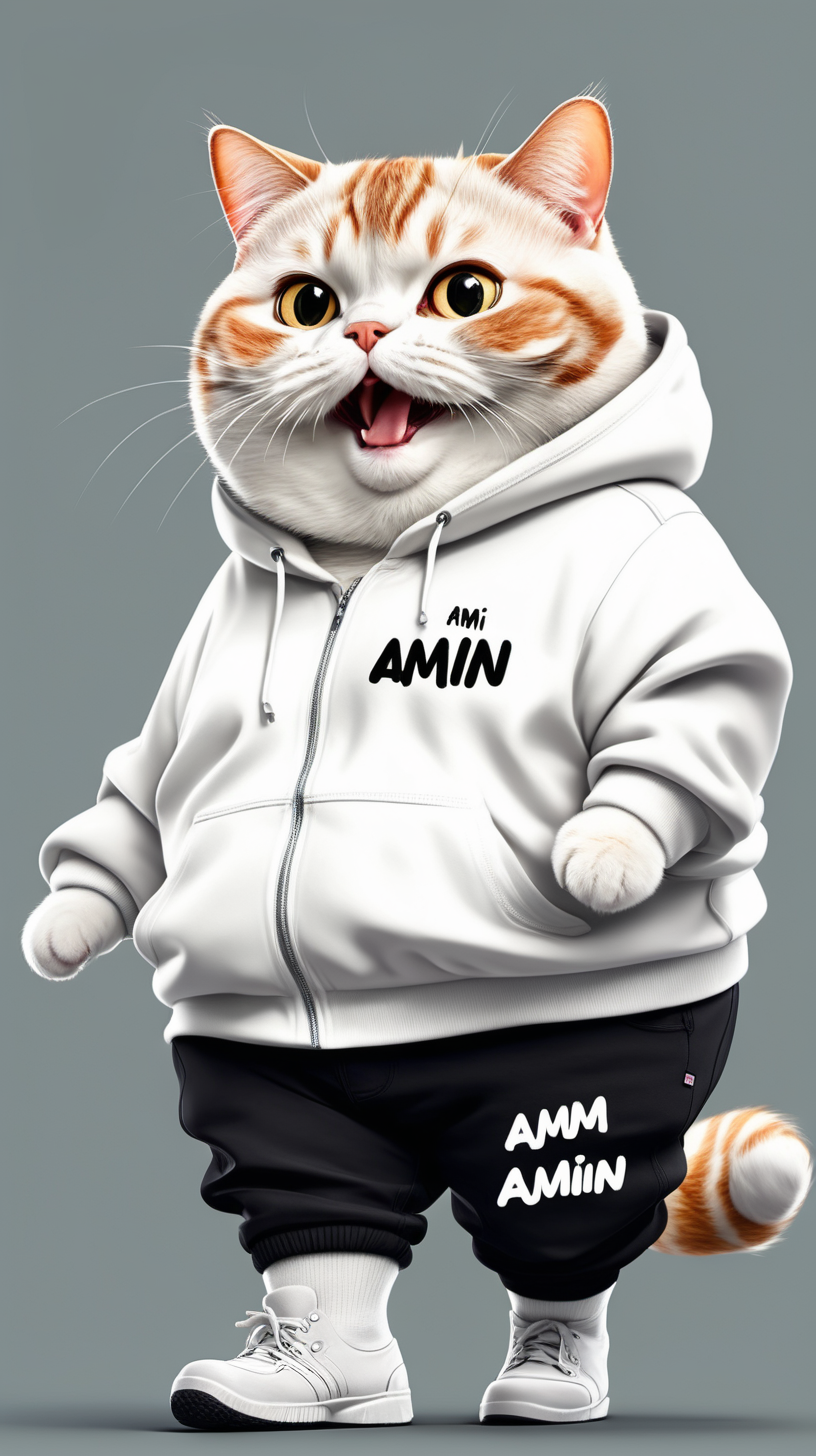 Fat Cat, Cute, Excited, Happy, Wearing a White Hoodie Jacket with .AMIN Written on It, Black Pants, Walking
