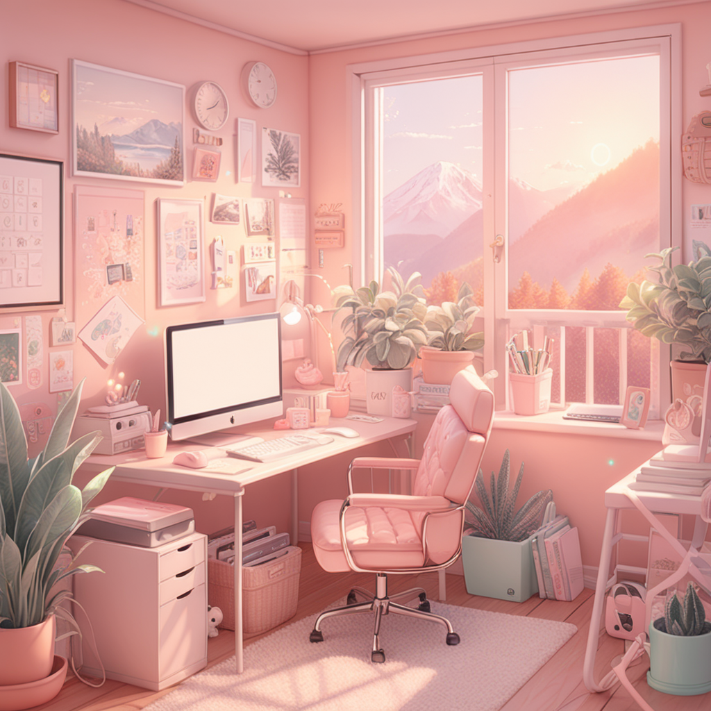cozy cute home office, anime, lofi, handdrawn, pastel, sunny
