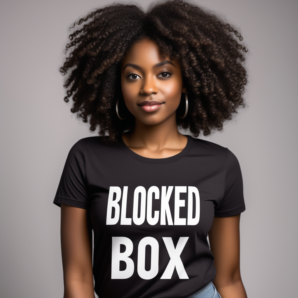 Dark skinned Black woman with trendy modern curly waist length afro hair style posing in a tshirt with the words "Blocked Box" on the shirt in modern print with a dainty feminine finish (no pictures or images should be on the shirt)