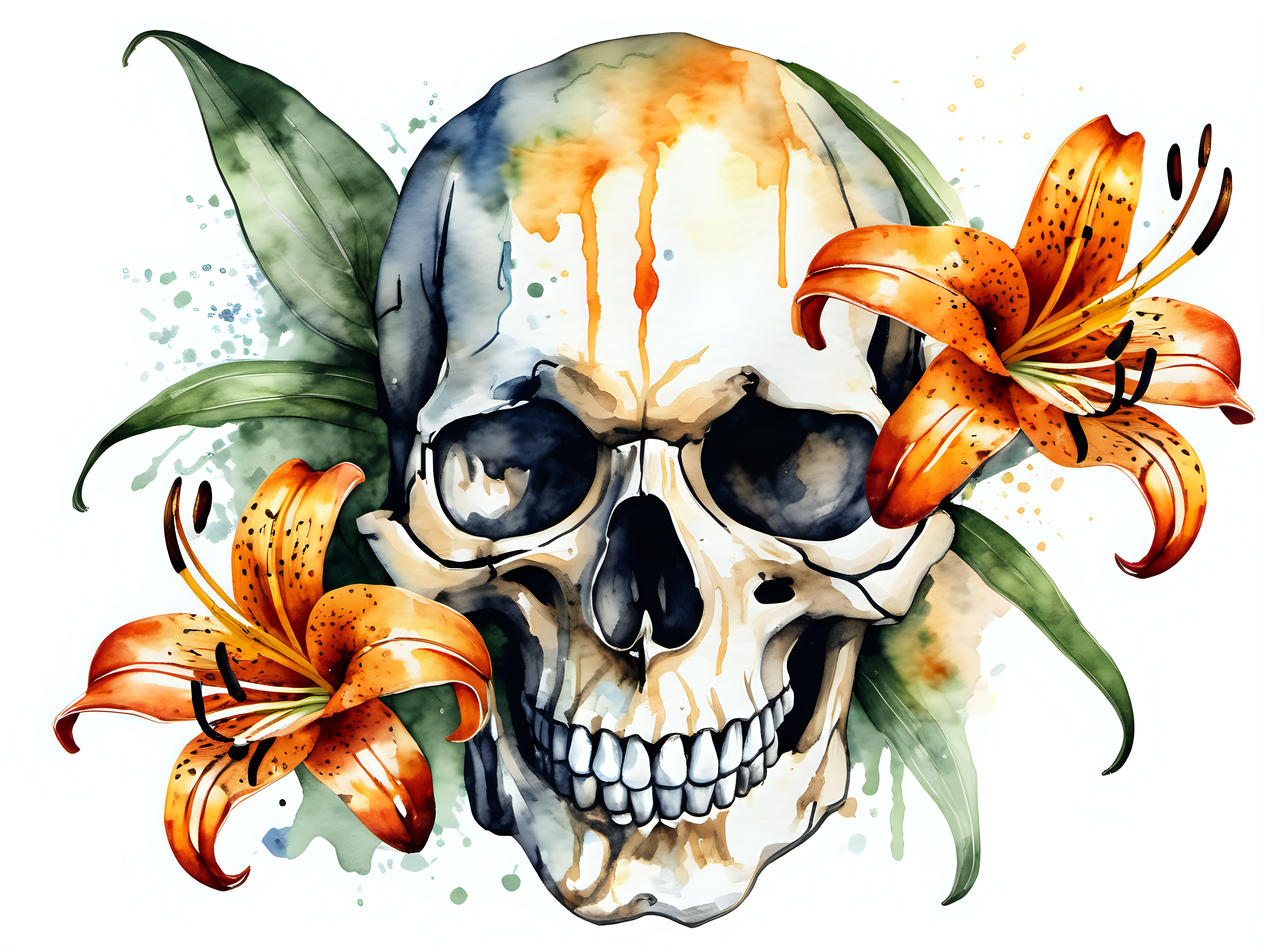 skull with tiger lily in the style of watercolor, on a white background