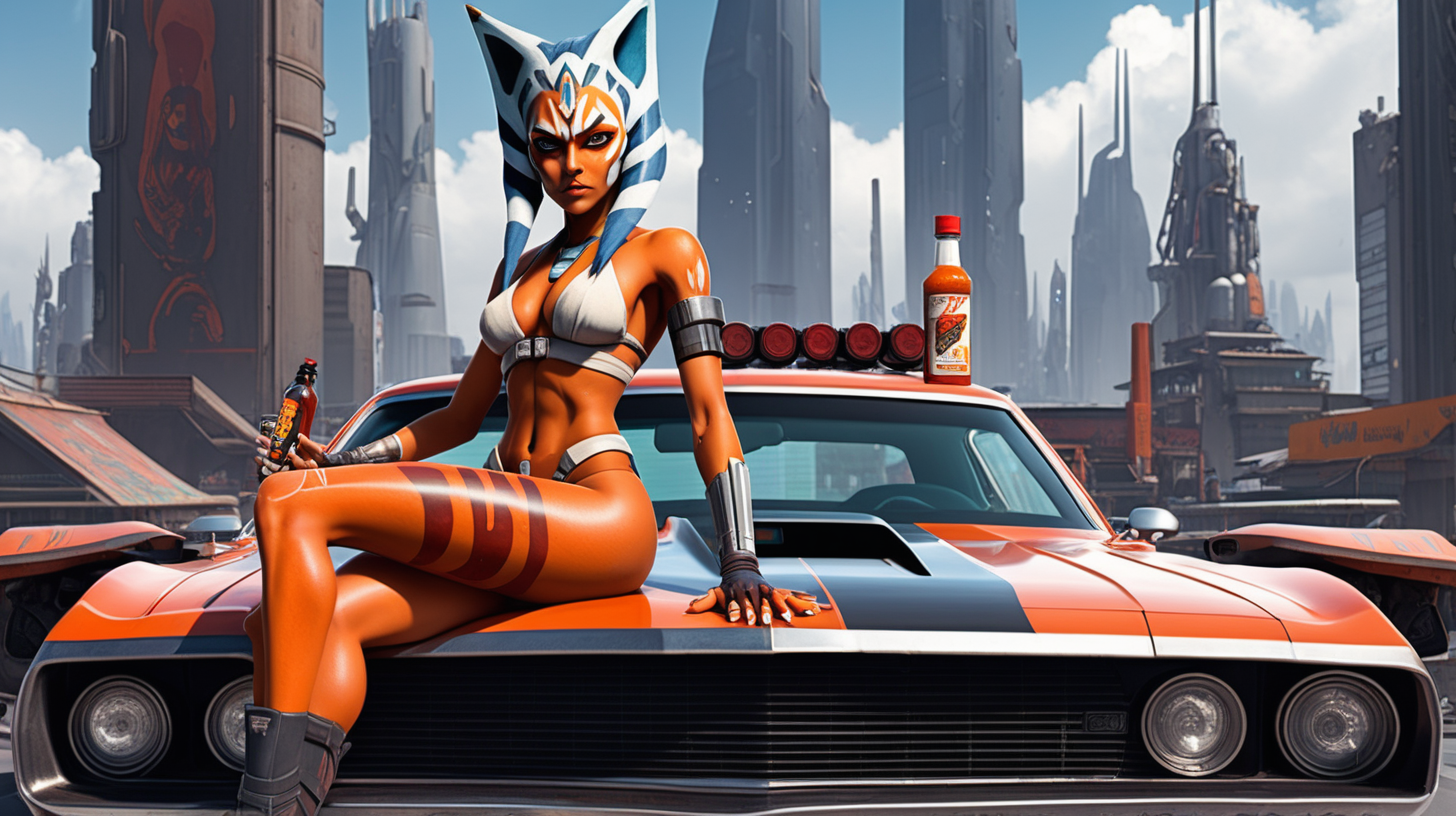 bikini Ahsoka on a muscle car with hot sauce in cyberpunk rooftop