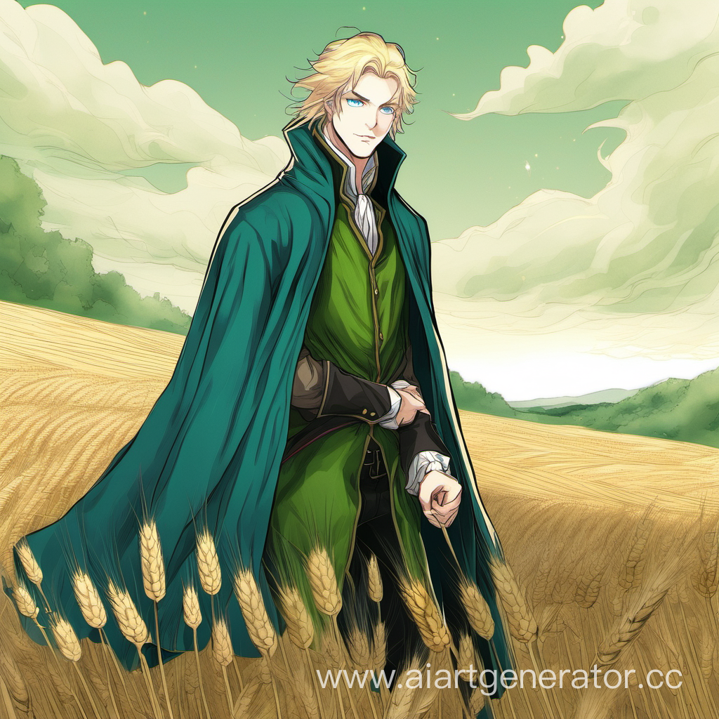 Человек, чародей, 20 лет, 18 век, чëрная рубашка, зелëный плащ, пшеничные волосы, зелëно-голубые глаза.