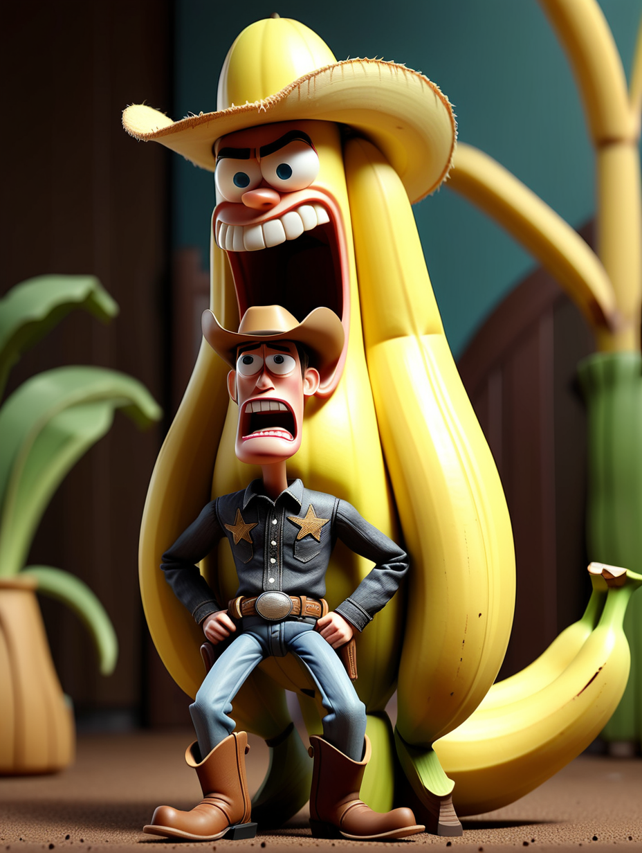 toy cowboy toy riding a giant banana that has a  mean face baring it's teeth, full body, with a very sad face frowning crying streams of tears, pixar style animation
