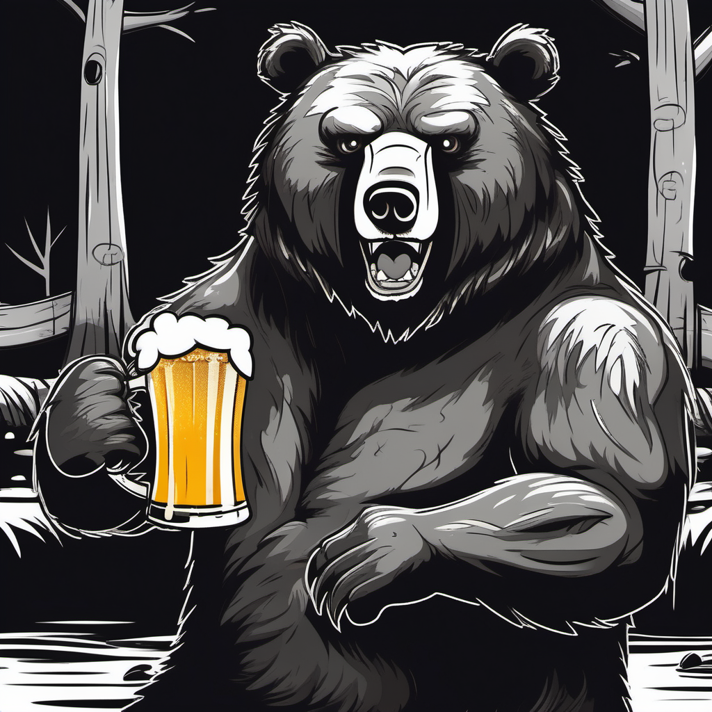 A fierce bear drinking beer in a dark mood (cartoon style)