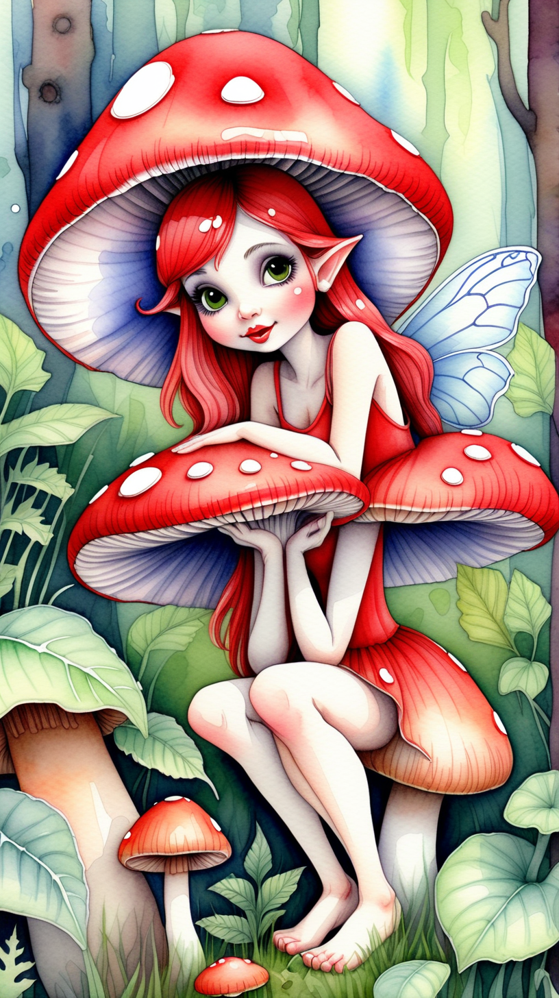 A cute watercolor picture of a fairy sheltering