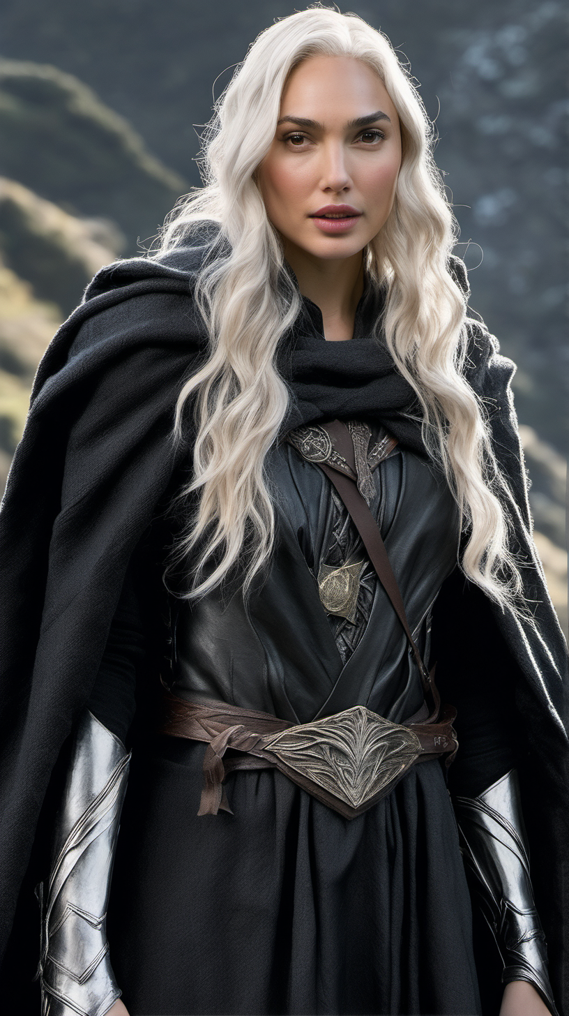 Gal Gadot, with platinum blonde hair, wearing a black traveling cloak in Lord of the Rings