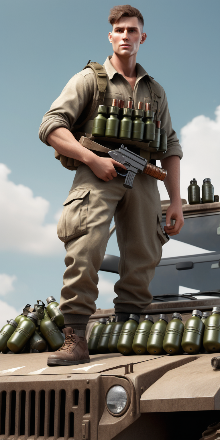 Realistic brown haired shaven male holding grenades stood on a vehicle