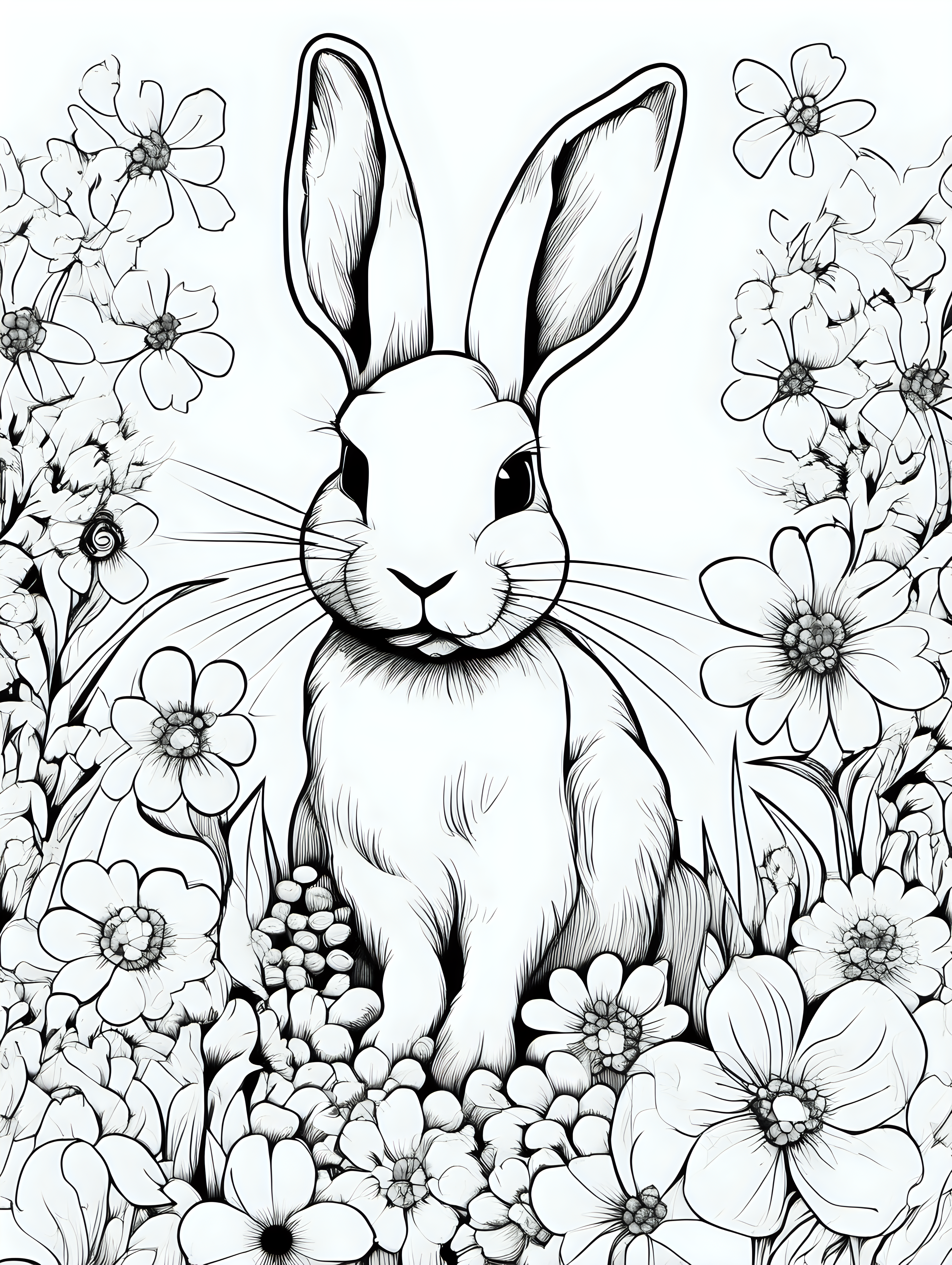 rabbit covered in flowers , simple draw, no colors, flower background