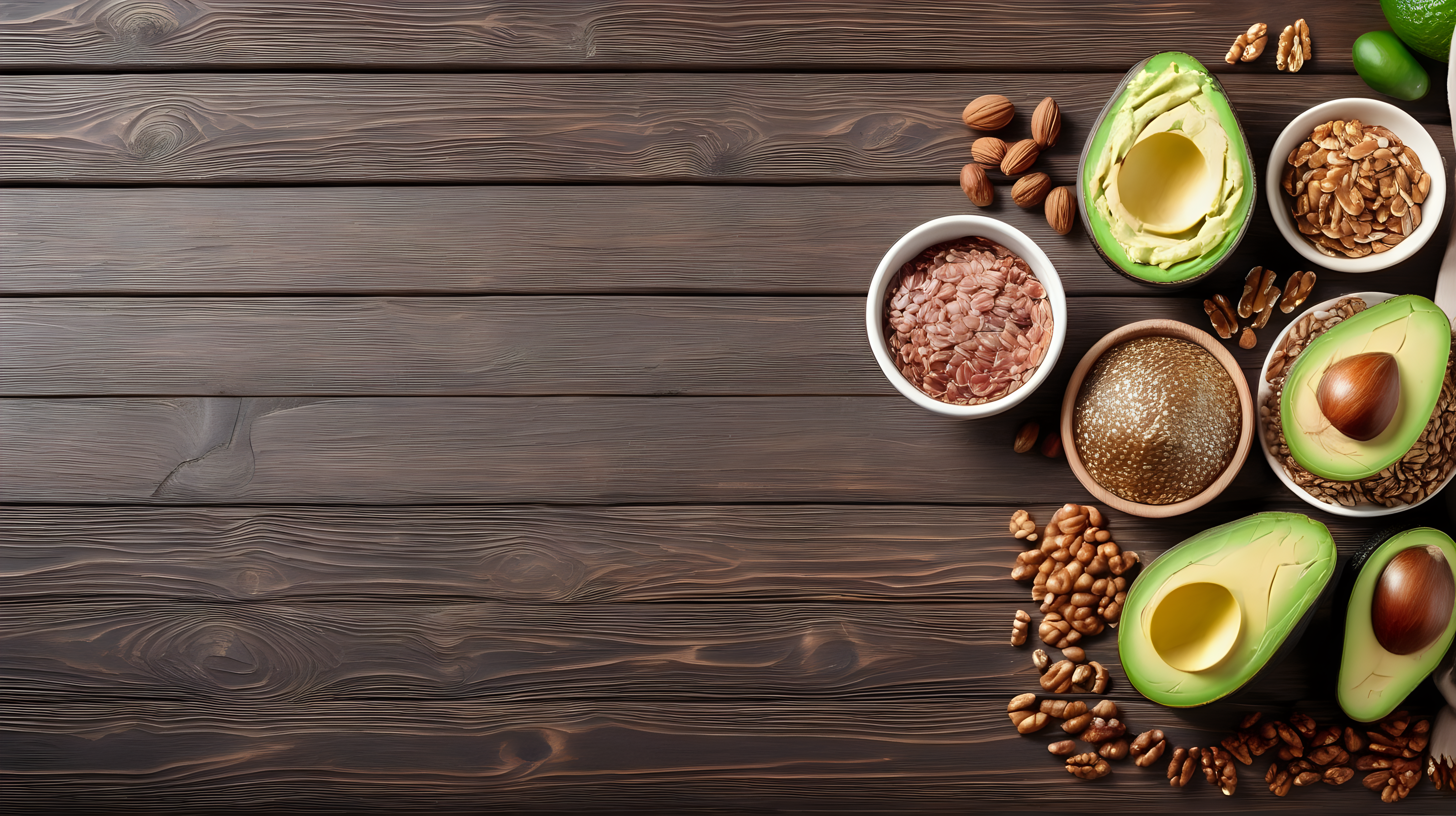 Sources of omega 3 fatty acids, flaxseeds, avocado, salmon and walnuts on wooden table, copy space