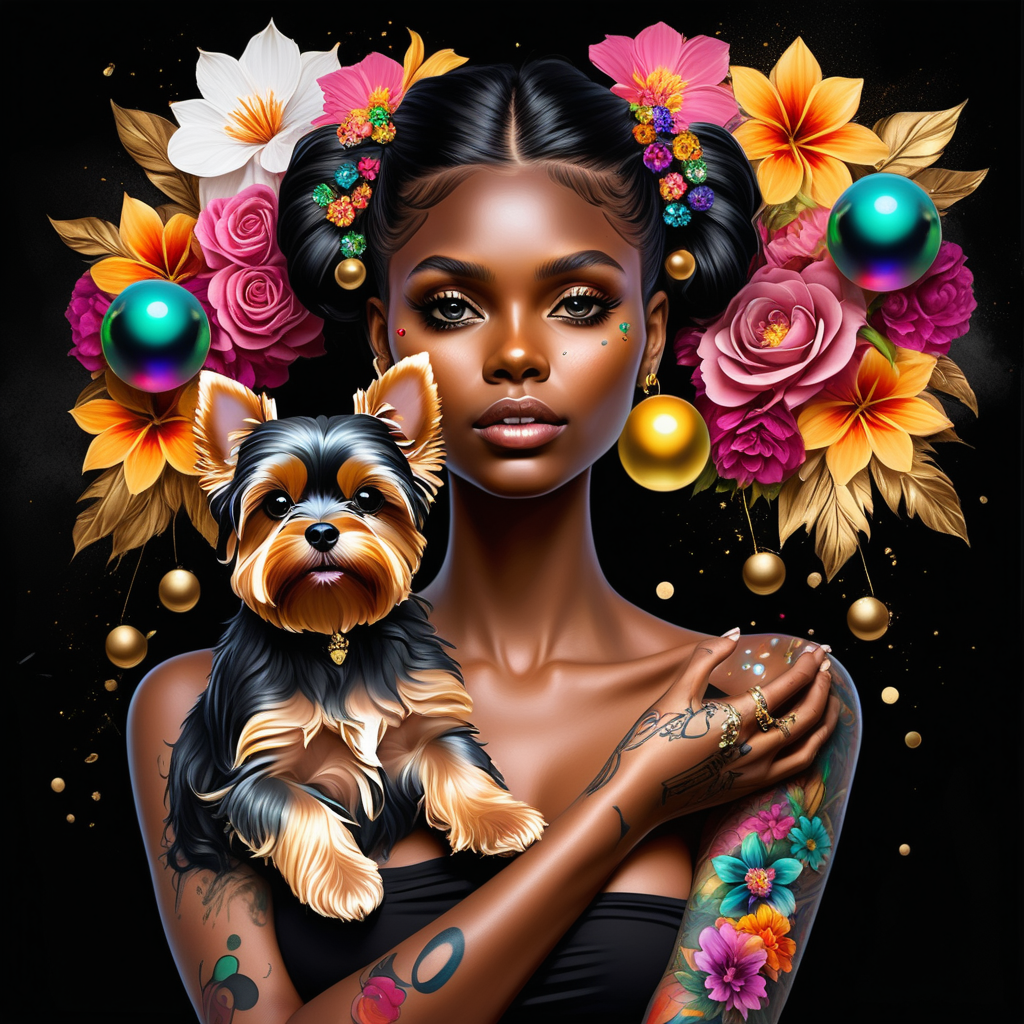 abstract exotic super black Model with soft colorful flowers, the colors of the flowers bleed into her hair.  add She is holding a toy top in gold she is looking at realistic yorkie and maltese 8 crystal balls in different sizes are floating in the air around them  add tattoos on her arms, shoulder and back