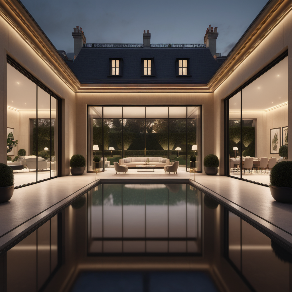a hyperrealistic of an elegant Modern Parisian estate home pool room at dusk with mood lighting, floor to ceiling windows with a view of  the manicured gardens , in a beige oak brass and black colour palette 
