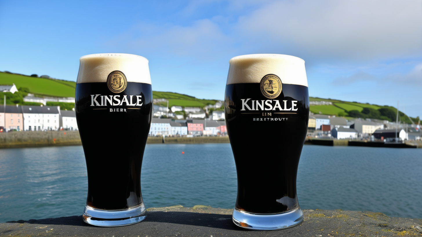 irish stout beer in glass with an Kinsale harbor in the background