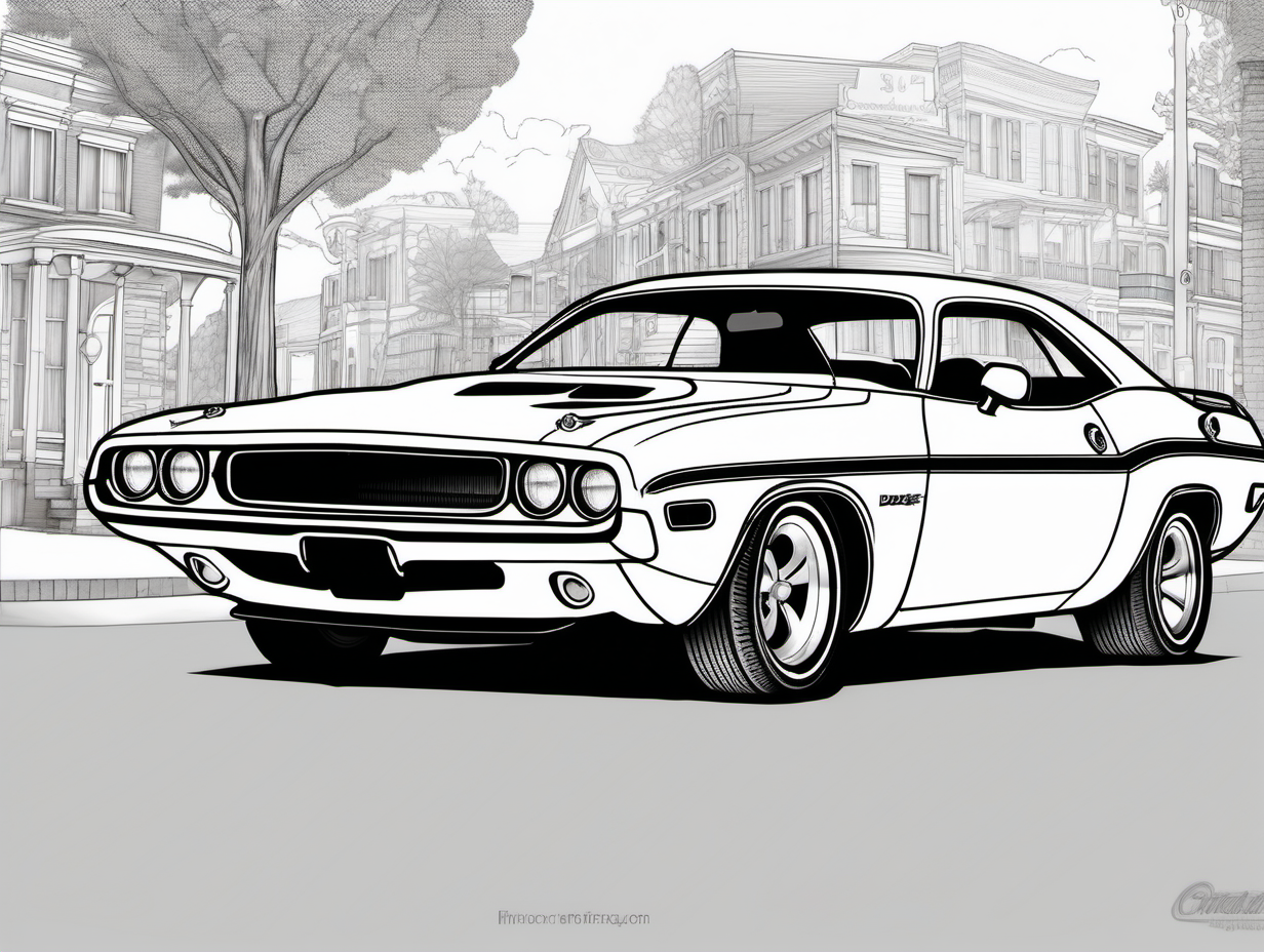coloring page, classic American automobile,1970 Dodge Challenger, clean line art, high detail, no shade