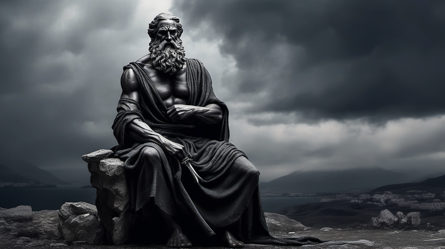 Generate an image featuring a Greek elderly muscular man portrayed as a black statue. The background should be dark and cloudy, creating a mysterious and atmospheric ambiance. The man is sitting calmly, adorned with a long beard on his cheek, and draped in a single shoulder cloth. To enhance the scene, he holds a sword in his hand, embodying strength, wisdom, and tranquility amidst the dark, cloud-covered surroundings.