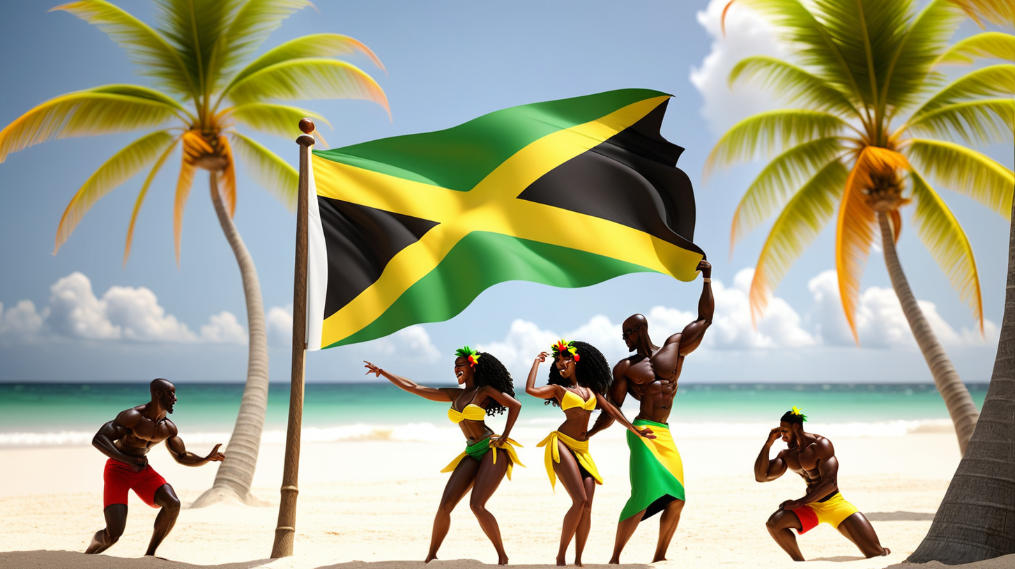 Jamaican flag on the beach with coconut trees around with men and woman dancing
