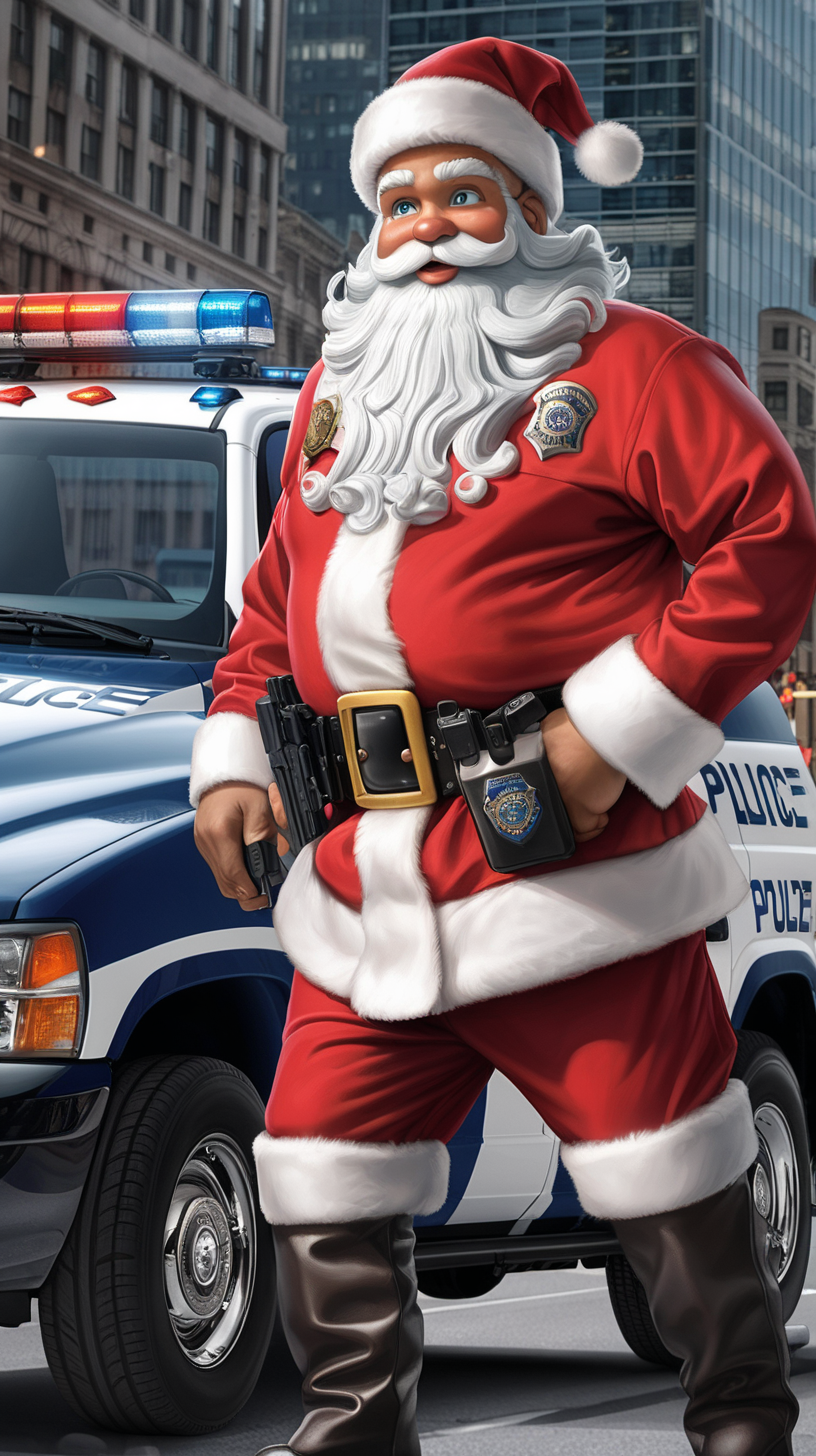 santa claus police officer with patrol vehicle in background
