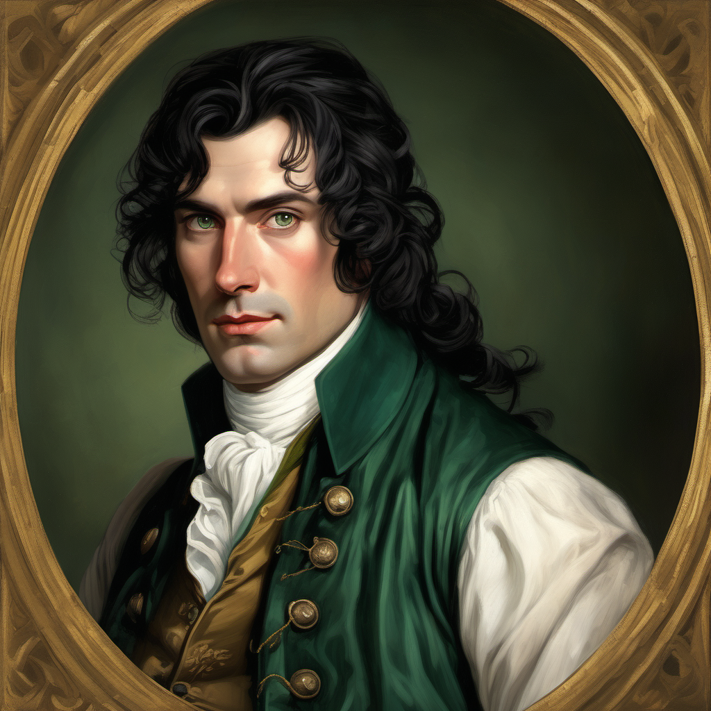 18th century extremely handsome middle-aged man doctor scoundrel straight black hair deep green eyes 