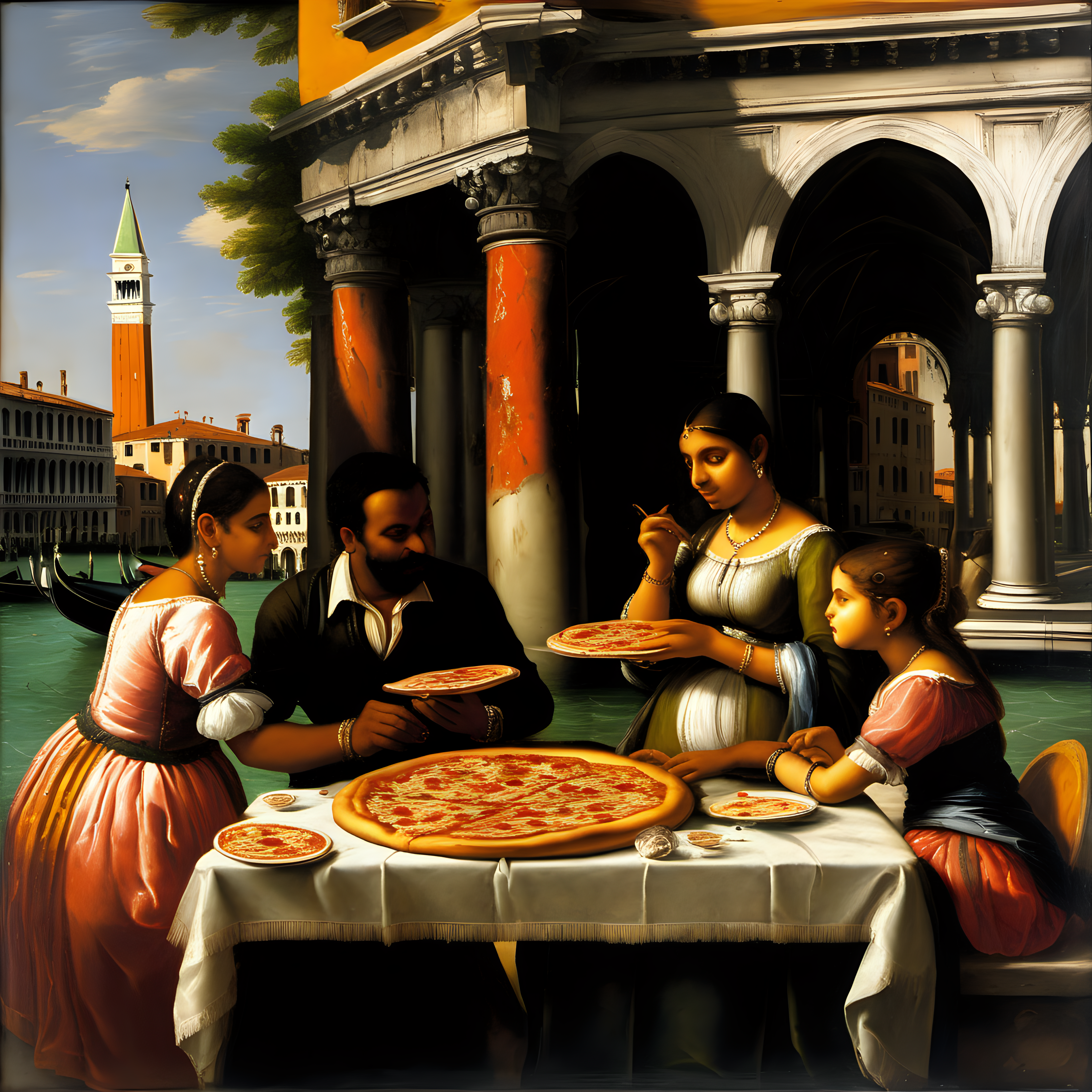 Indian parents and their two daughters eating pizza in Venice, Giovanni Antonio Canal oil painting