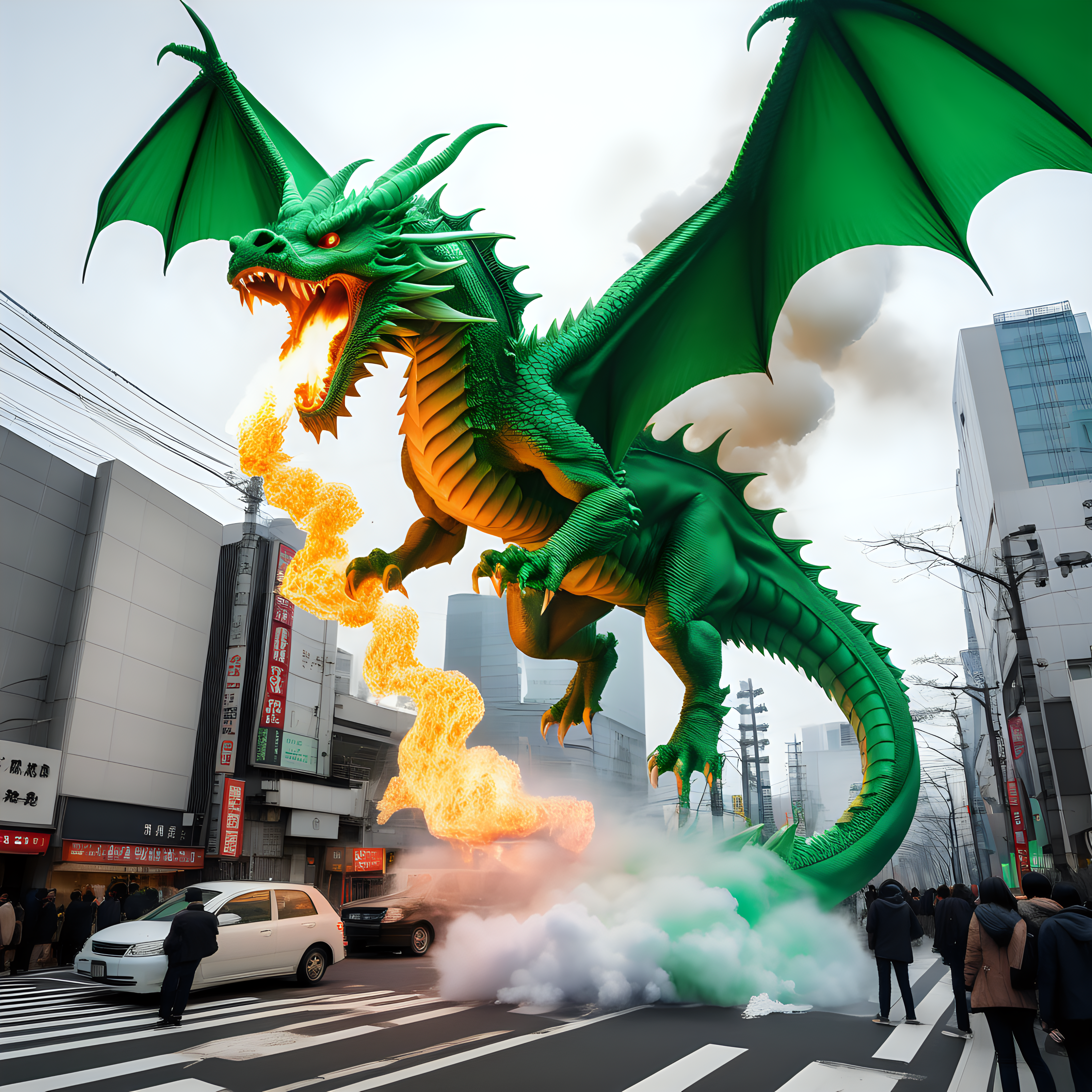green 2 headed fire breathing dragon destroying Tokyo