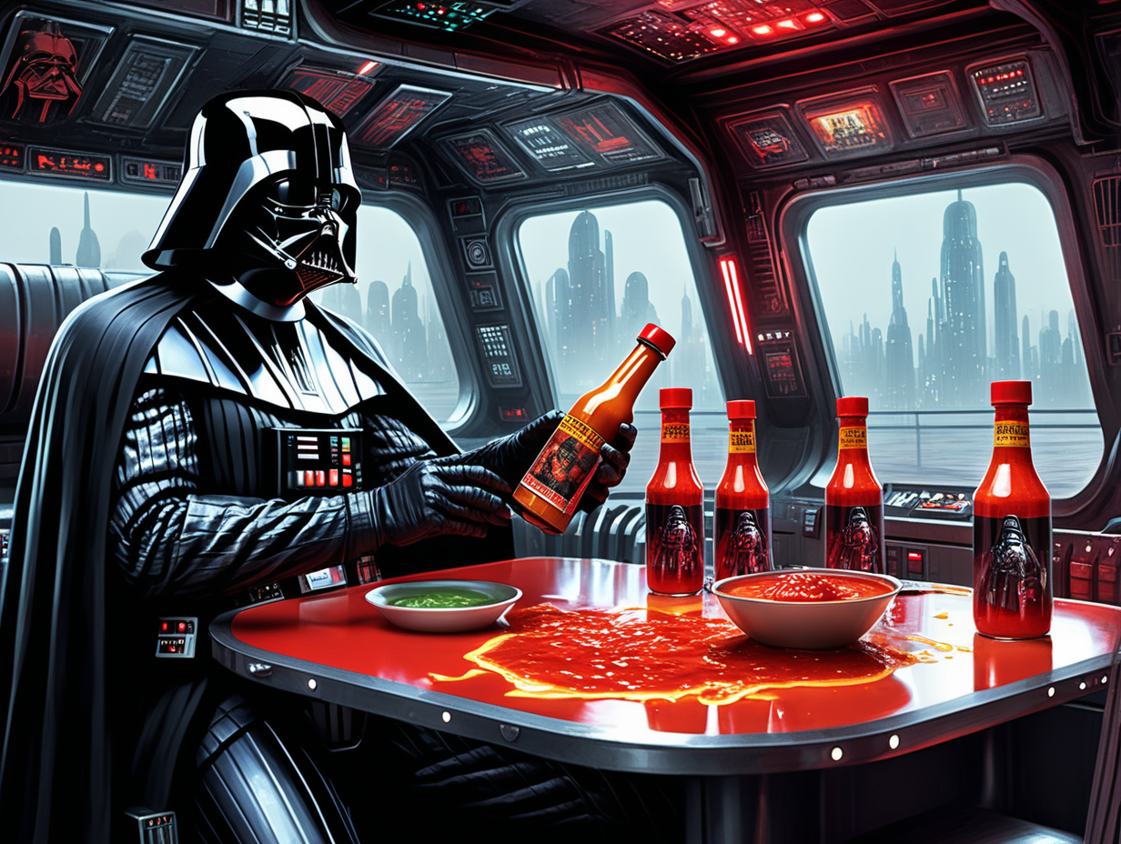 Darth Vader loves hot sauce in a cyberpunk