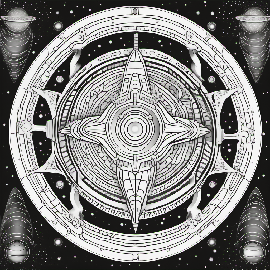 adult coloring book, black & white, clear lines, detailed, symmetrical mandala alien spaceship galaxy