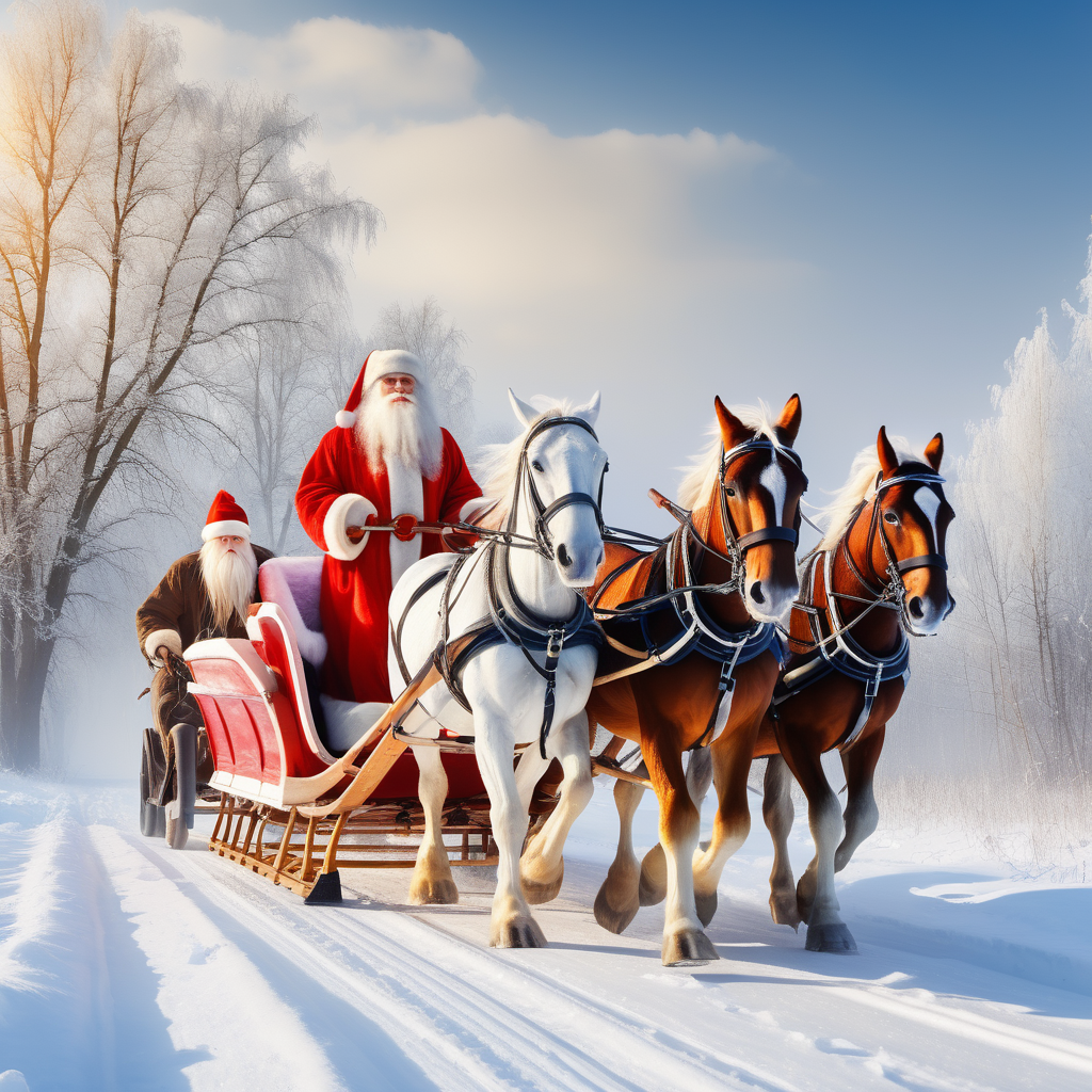 Рождество, дед мороз и снегурочка в санях, запряженных тремя разными лошадьми, зимний пейзаж