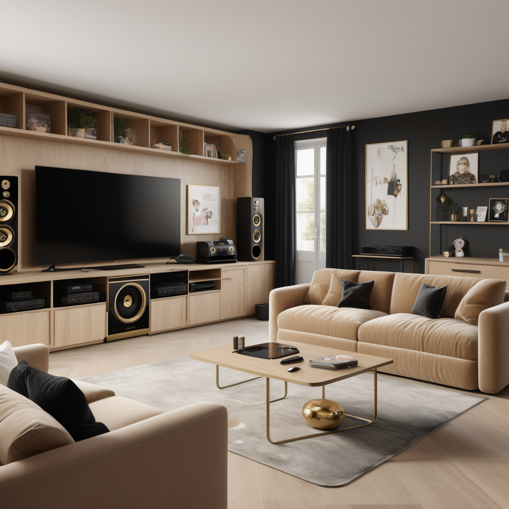 A hyperrealistic image of modern parisian teenagers gaming room with a gaming computer setup, a large tv, gaming consoles and controllers, a large comfy sofa, a kitchenette with bar fridge, in a beige oak brass and black colour palette