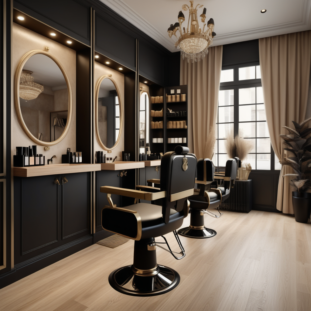 hyperrealistic image of an elegant hasirdressers interior in a beige, oak, brass and black colour palette