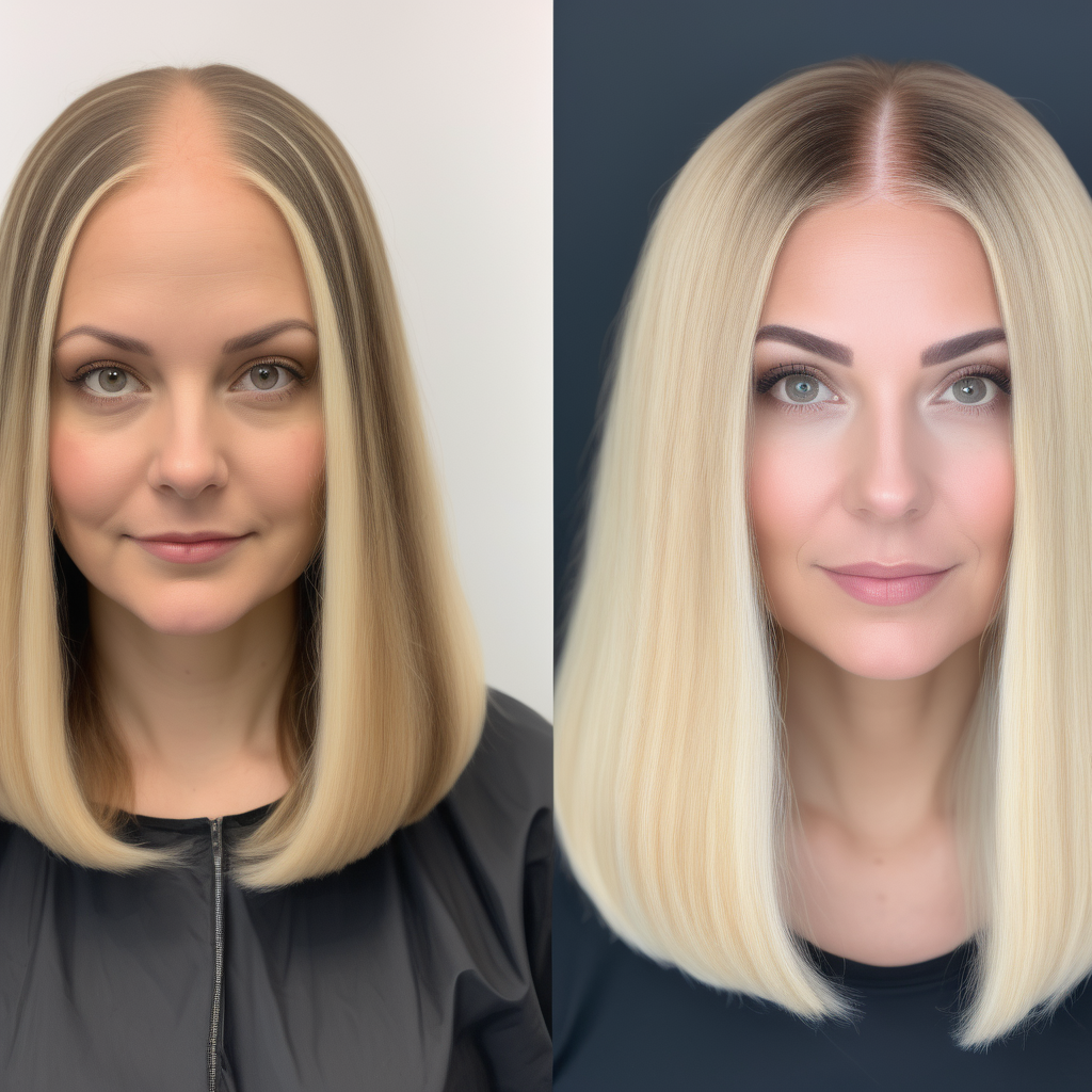 before and after image of a woman with no hair being fitted for a luxury balayage blonde wig