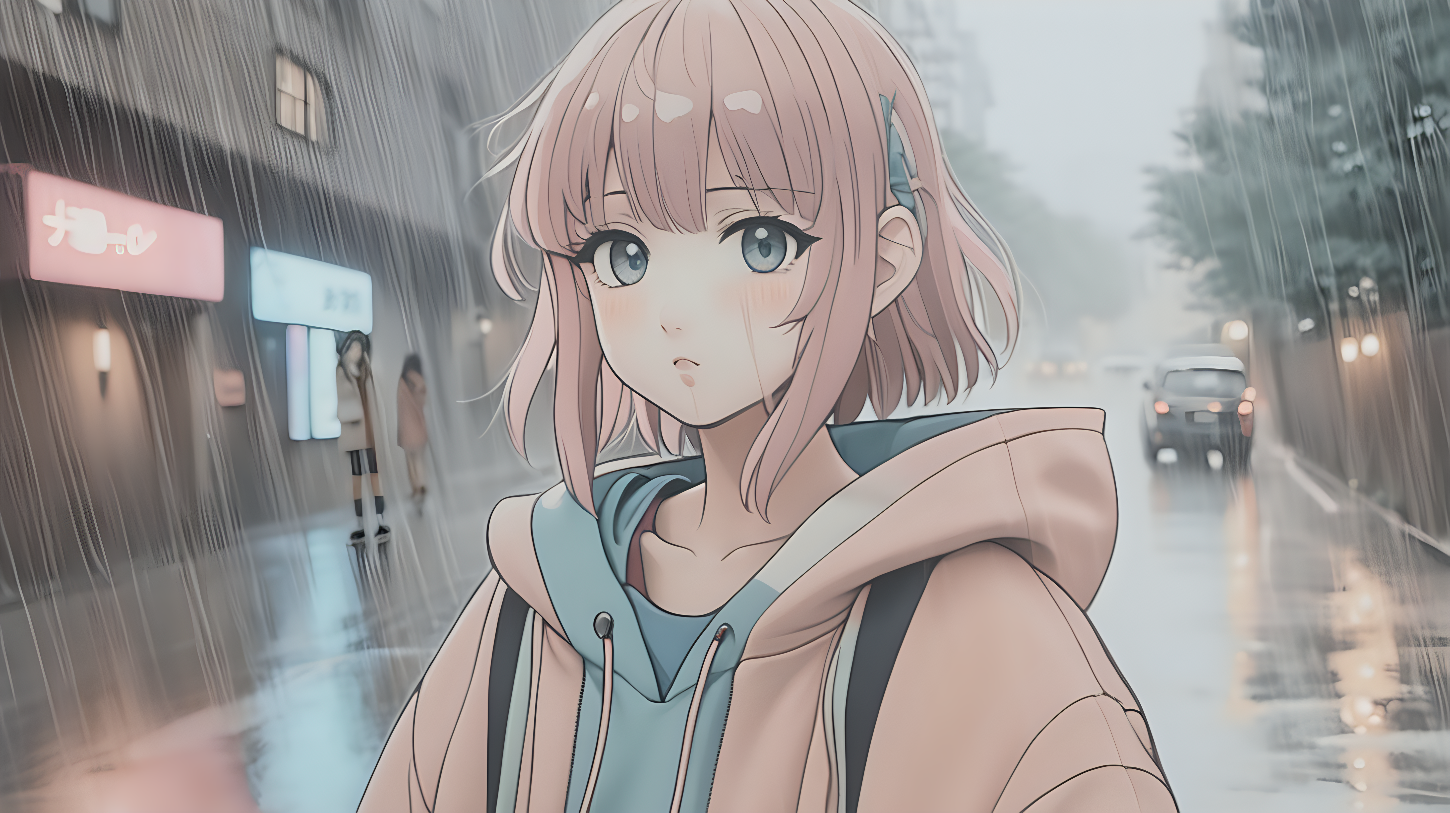 Anime girl in the rain muted pastel colors