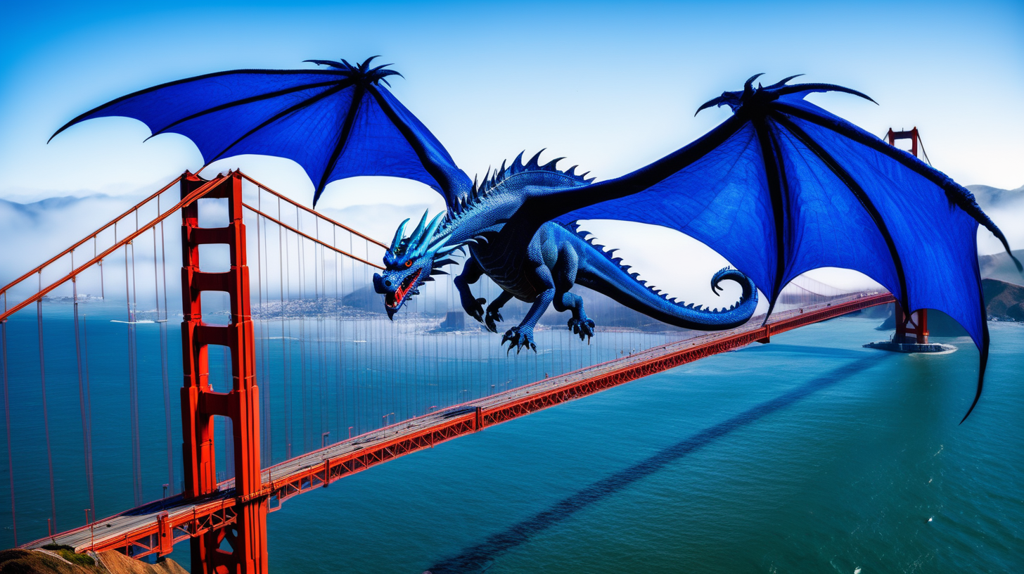 blue dragon flying over Golden Gate bridge