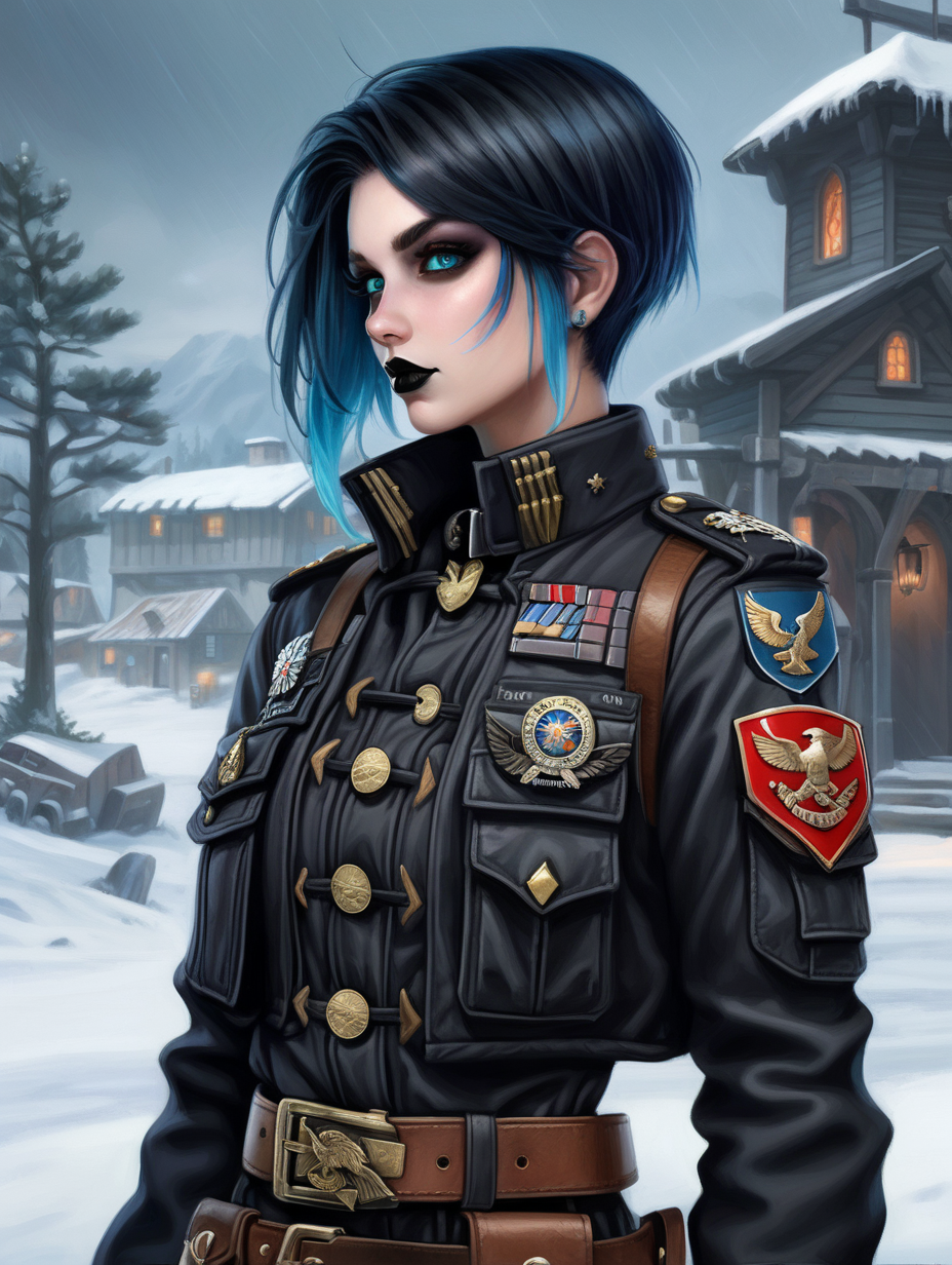 Warhammer 40K young Commissar woman. She has an hourglass shape. She has a short hairstyle that is eyebrow length haircut, that is similar to Maya's hairstyle, from Borderlands 2. Black belt has a lot of pouches. Black bandolier around her hips. Her dark black colored uniform jacket fits perfectly. She has faded light black goth style makeup. Her jacket has Gold USMC emblems and gold colonel eagle rank insignias. All of her clothes are warm. She has faded matte black lipstick. She has ghost pale skin. She has raven black colored hair with icy blue hair tips. She is wearing a combat rig with a lot of pouches and shoulder straps. Background scene is a Nordic village in a snowing blizzard. She wears bandolier along with her belt. Her uniform jacket is fully buttoned up. Her uniform jacket completely covers her torso, no skin is visible bellow the collar. She has icy blue colored eyes. Her uniform is very similar to the USMC officer dress dark black uniform.