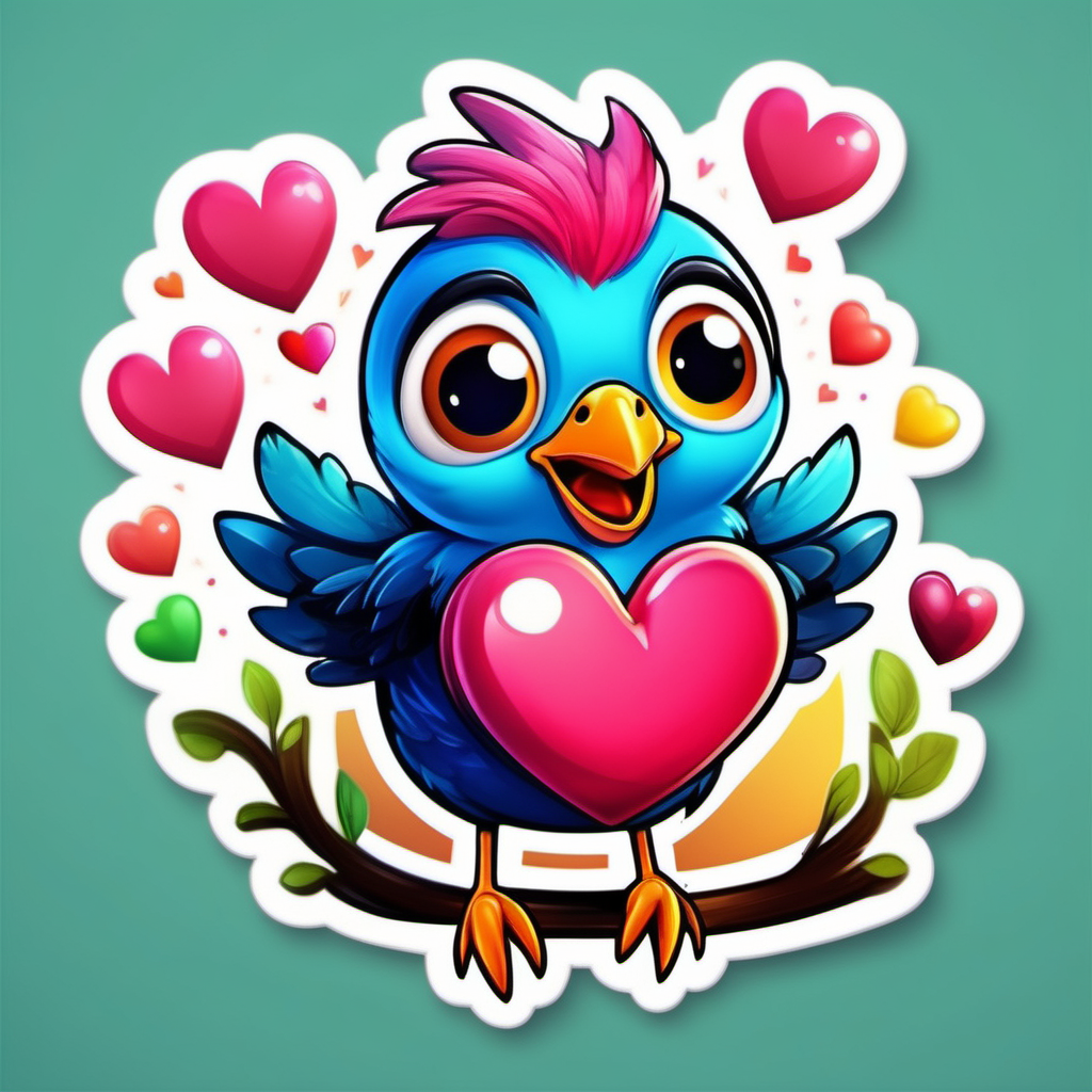 super Adorable little bird cartoon
sticker valentine hearts,  sweet smile, character full body, so cute, excited, big bright eyes, shiny and fluffy,
fairytale, energetic, playful, incredibly high detail, 16k, octane rendering, gorgeous, ultra wide angle.