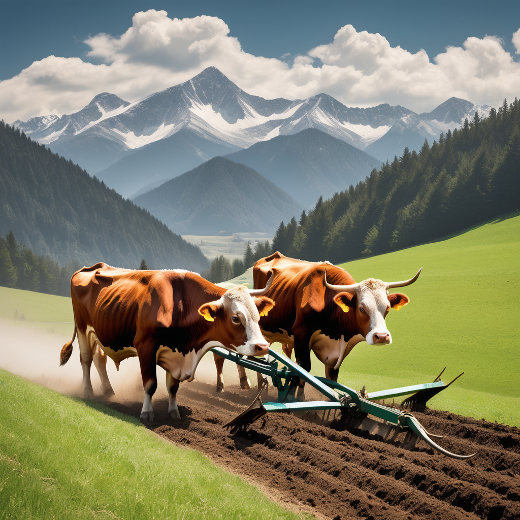 Create a picture of two cows plowing a field with a plow on a high mountain